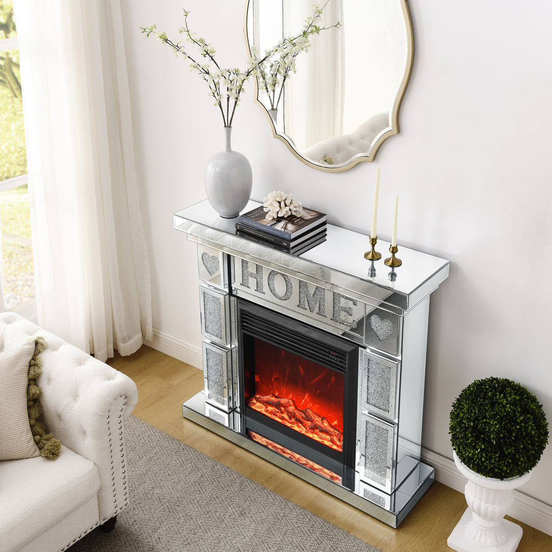 W 46" X D 12.6 X H 41 " Acrylic Diamond Mirror Fireplace Cabinet, Tv Fireplace Cabinet Powder Coated Electric Bedroom Yes Freestanding Electric 41 50 Yes Silver 400 Natural Vent American Design Acrylic Mdf Glass