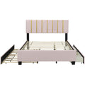 Queen Size Upholstered Platform Bed With 2 Drawers And 1 Trundle, Classic Metal Strip Headboard Design, Pink Queen Pink Mdf Lvl