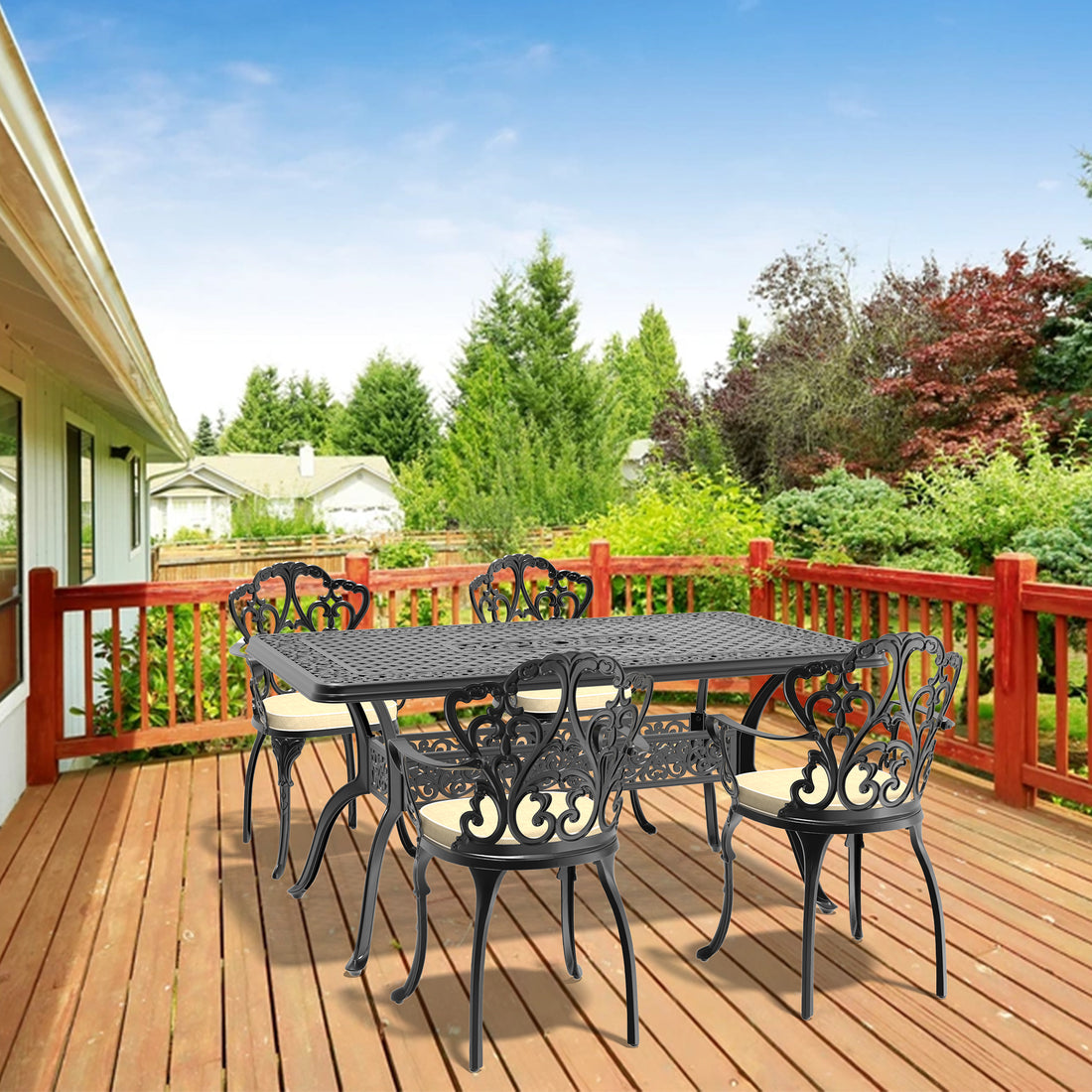 Cushions In Random Colors 5 Piece Set Of Cast Aluminum Patio Furniture With Cushions Yes Dining Set Black Khaki Seats 4 Rust Resistant Frame Water Resistant Cushion Garden & Outdoor Complete Patio Sets Aluminium