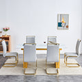 Table And Chair Set.Large Modern Rectangular Table With 0.4 Inch Patterned Glass Tabletop And Large Mdf Table Legs.Comes With 6 Chairs With Faux Leather Cushioned Seats And Golden Metal Legs. Gold White Seats 6 Mdf Glass