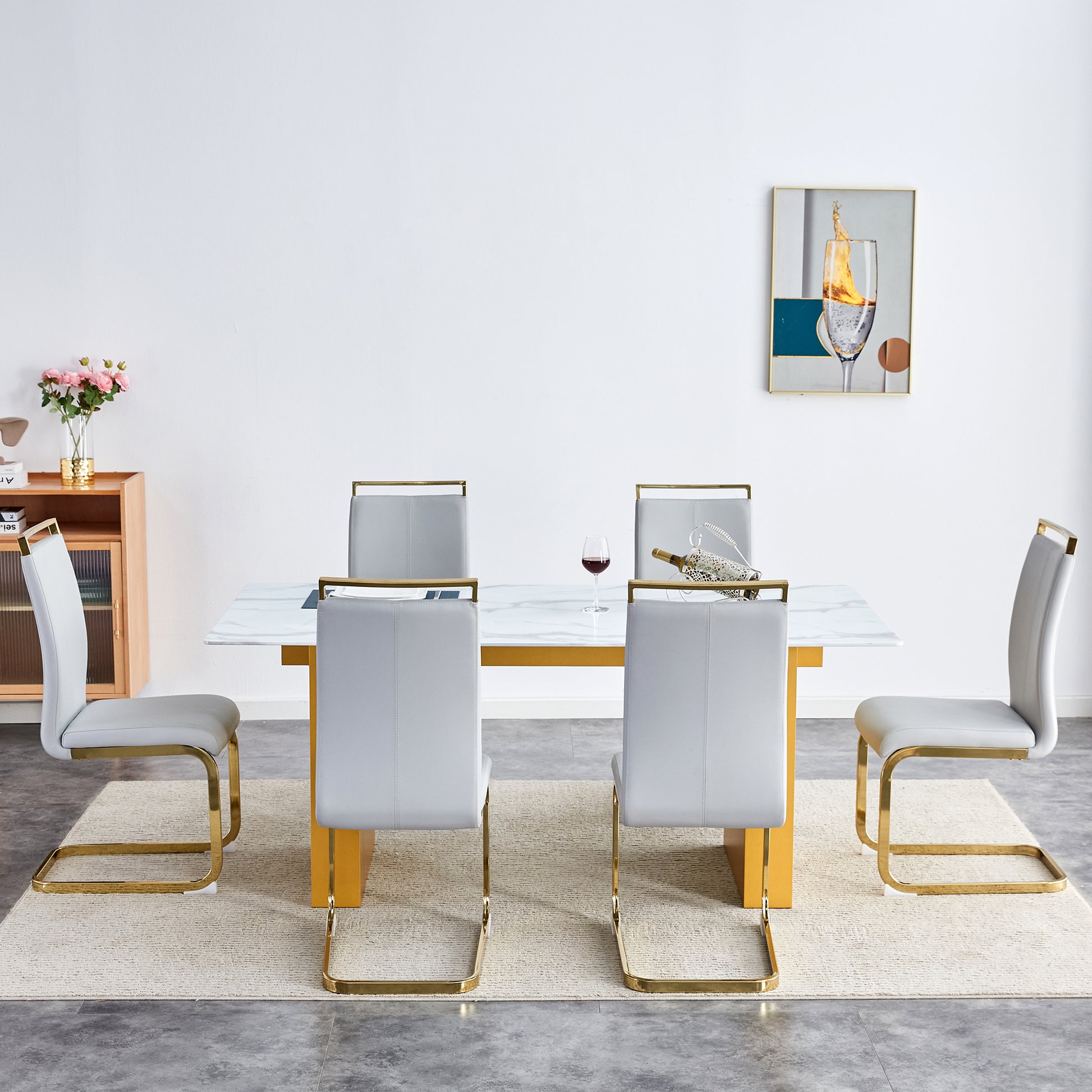 Table And Chair Set.Large Modern Rectangular Table With 0.4 Inch Patterned Glass Tabletop And Large Mdf Table Legs.Comes With 6 Chairs With Faux Leather Cushioned Seats And Golden Metal Legs. Gold White Seats 6 Mdf Glass