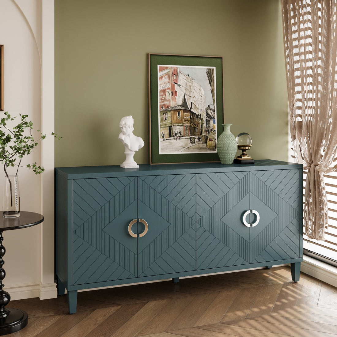 Stylish And Functional 4 Door Storage Cabinet With Pine Legs And Mdf, For Living Room Bedroom,And Kitchen, Olive Green, Forest Green, Blue Olive Green Mdf