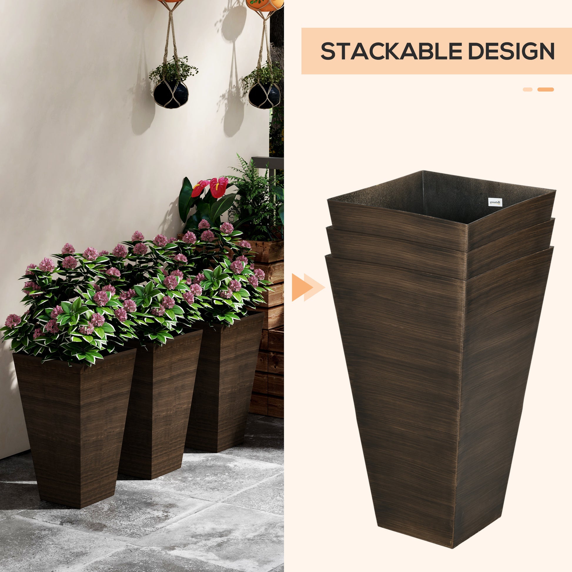 Outsunny 28" Tall Outdoor Planters, Set Of 3 Large Taper Planters With Drainage Holes And Plug, Faux Wood Plastic Flower Pots For Outdoor, Indoor, Garden, Patio, Brown Brown Polypropylene