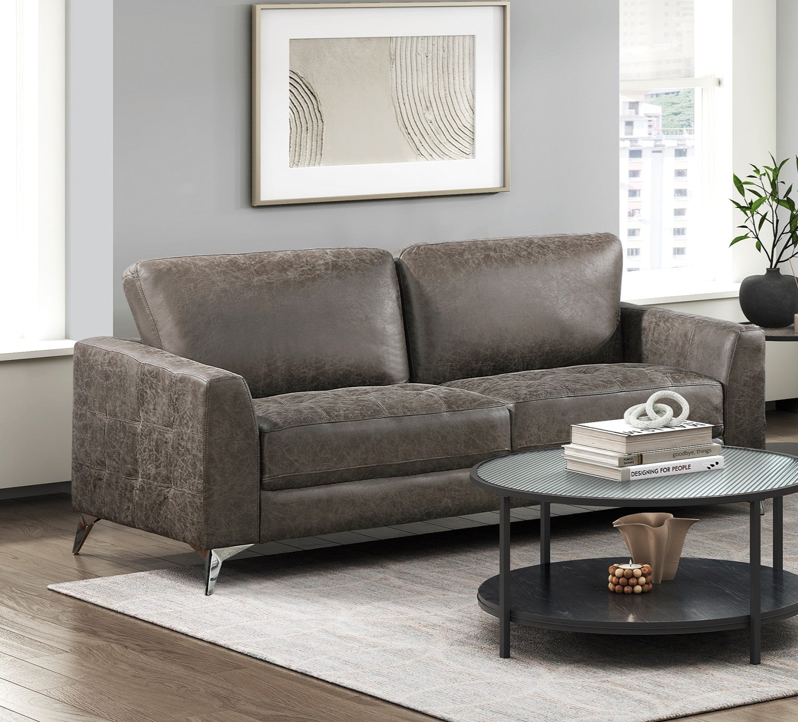 Brownish Gray Polished Microfiber Upholstery Elegant Modern Style Sofa 1Pc Solid Wood Living Room Furniture Silver Finish Metal Legs Brown Microfiber Wood Primary Living Space Modern Solid Wood 2 Seat