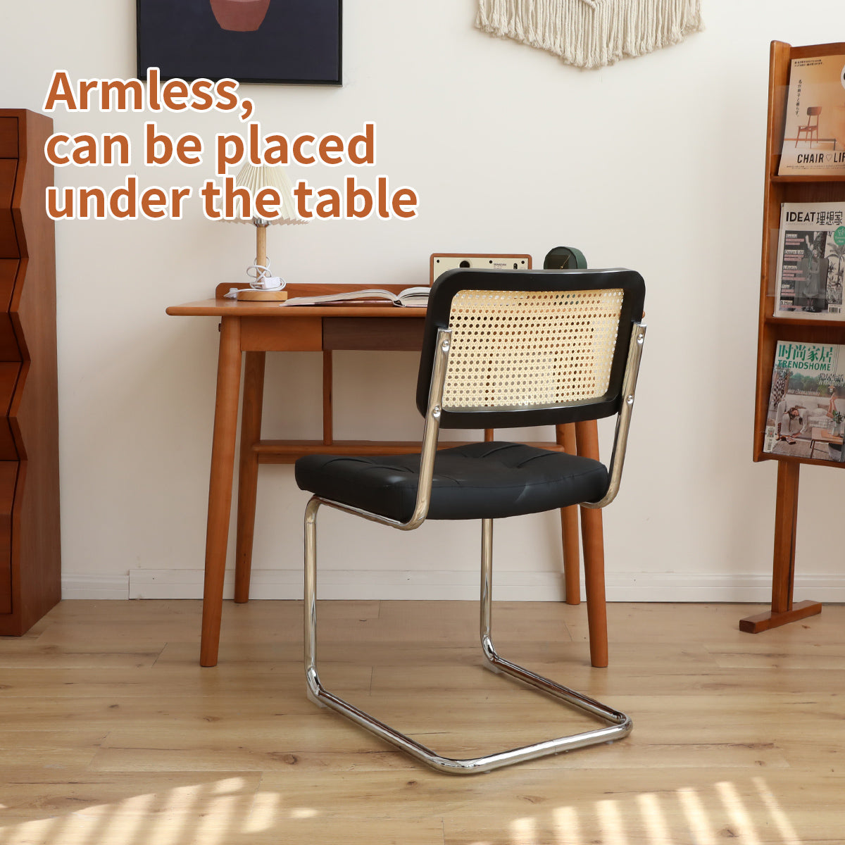 Dining Chairs Set Of 2, Fauex Leather Rattan Side Accent Chairs With Chrome Legs, Modern Mid Century Breuer Designed Chairs, Upholstered Dining Living Room Kitchen Chairs Black 2Pcs Black Faux