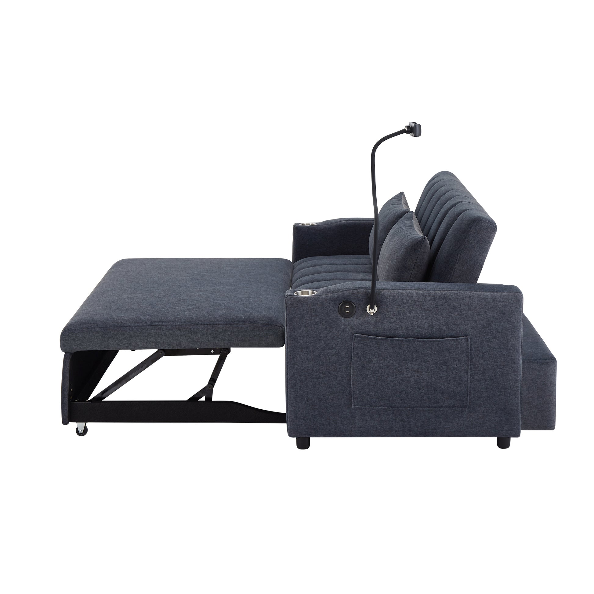 55.9" Convertible Sofa Bed Loveseat Sofa With Three Usb Ports, Two Side Pockets, Two Cup Holders And 360 Swivel Phone Holder For Living Room, Blue Grey Blue Gray Foam Polyester