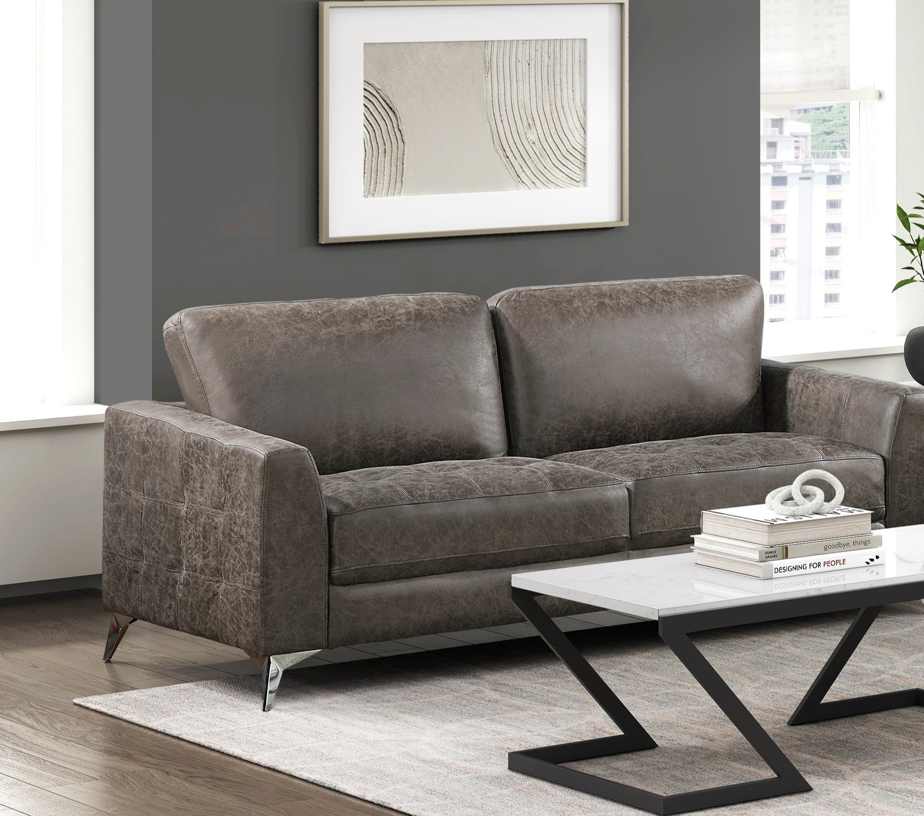 Brownish Gray Polished Microfiber Upholstery Elegant Modern Style Sofa 1Pc Solid Wood Living Room Furniture Silver Finish Metal Legs Brown Microfiber Wood Primary Living Space Modern Solid Wood 2 Seat