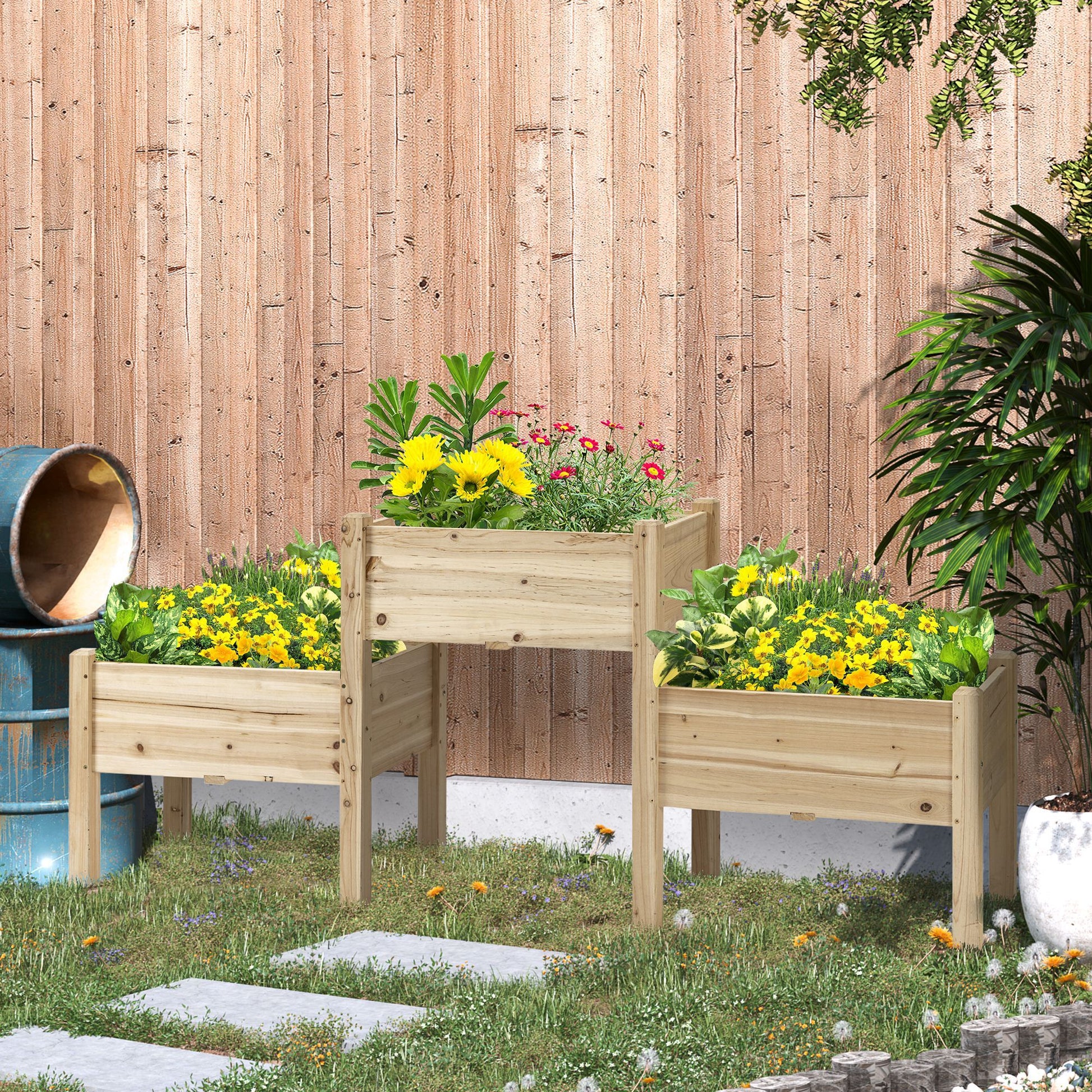 raised pot plant stand Outsunny Raised Garden Bed With 3 Planter Box, Elevated Wooden Plant S