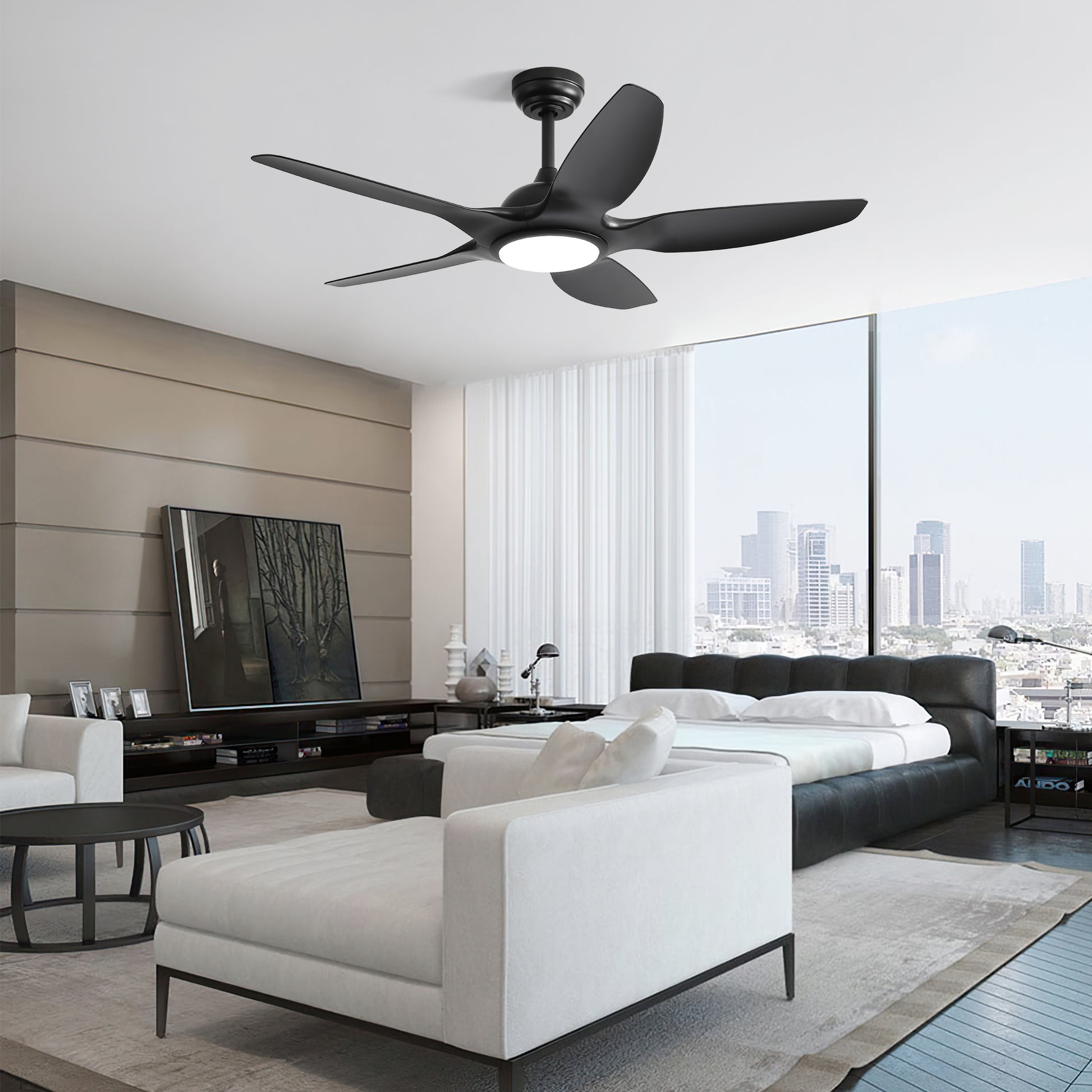 48 Inch Ceiling Fan With Dimmable Led Light And Remote Control, 5 Abs Blades Dc Motor Black Black Abs