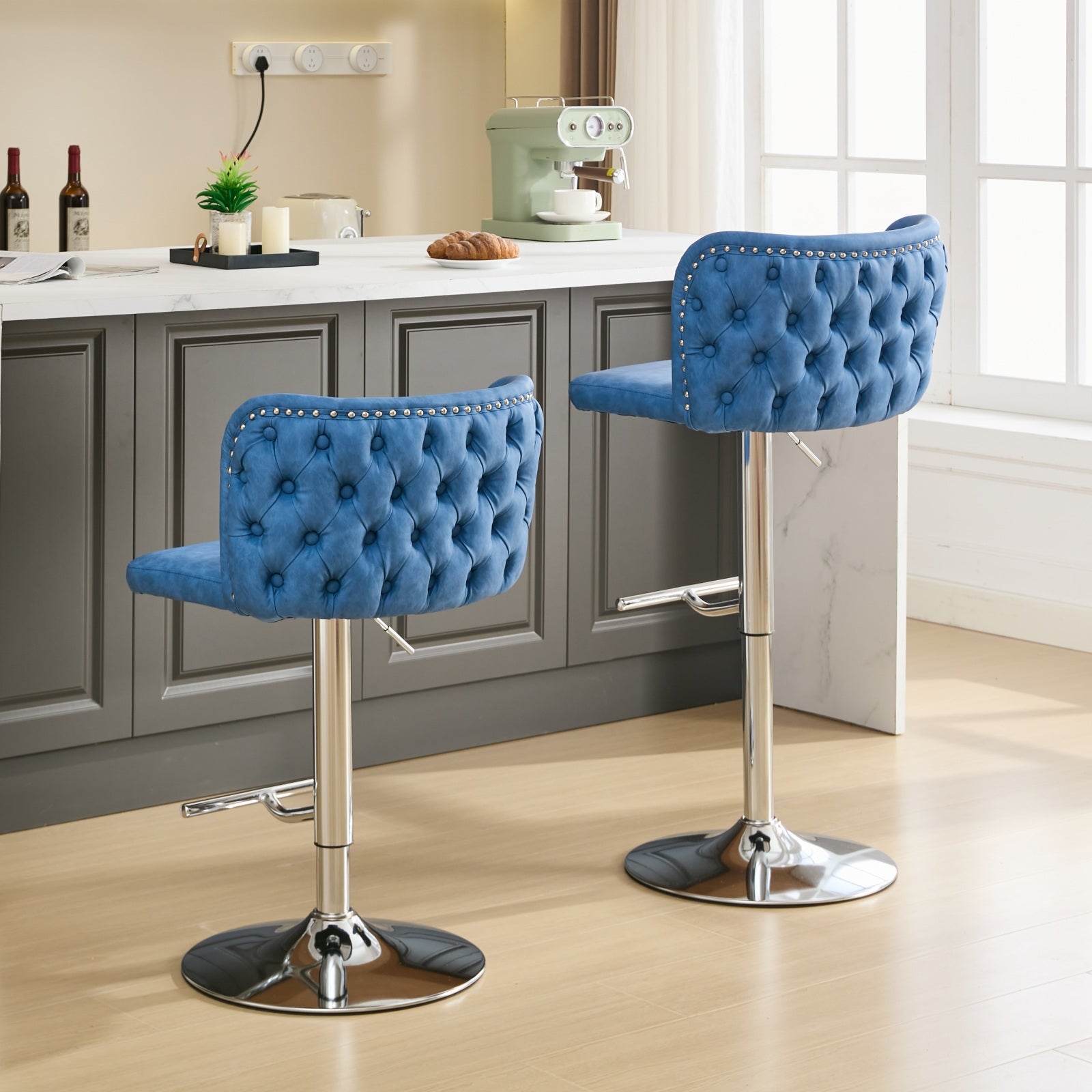 Swivel Barstools Adjusatble Seat Height With Chrome Base, Modern Pu Upholstered Bar Stools With The Whole Back Tufted, For Home Pub And Kitchen Island,Blue, Set Of 2 Blue American Design Bar Stools Set Of 2 Foam Pu Leather