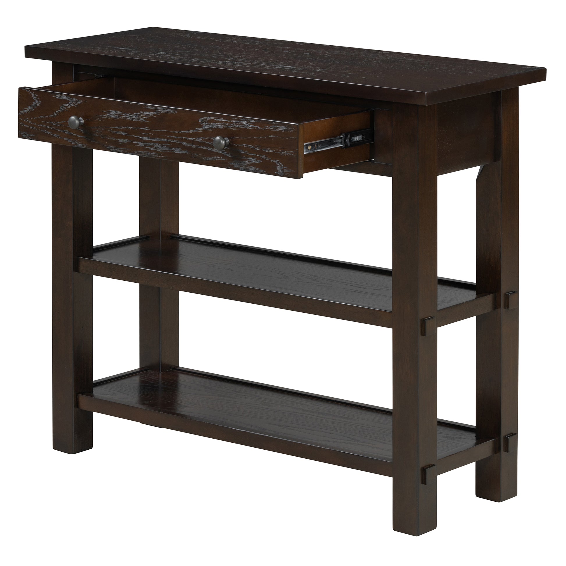 Retro Console Table With Drawer And Two Sturdy Shelves For Entryway, Living Room Espresso Espresso Mdf,Rubber Wood