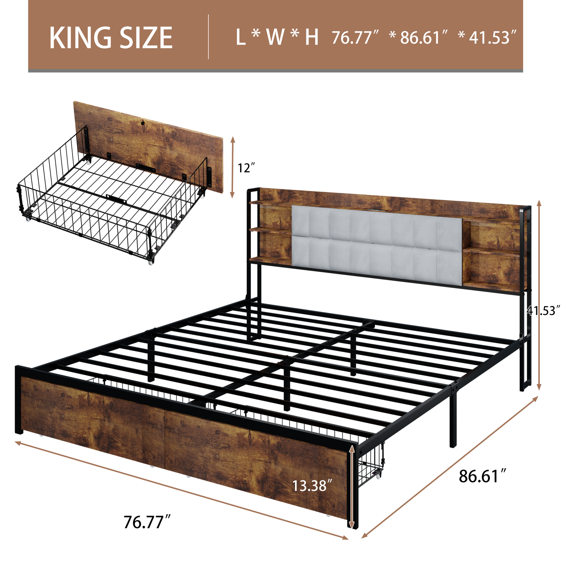 King Size Bed Frame With 2 Storage Drawers And Led Lights Headboard, Upholstered King Bed Frame With Charging Station, No Box Spring Needed, Easy Assembly Box Spring Not Required King Dark Brown Metal Bedroom Modern Bed Frame Velvet Mdf Metal