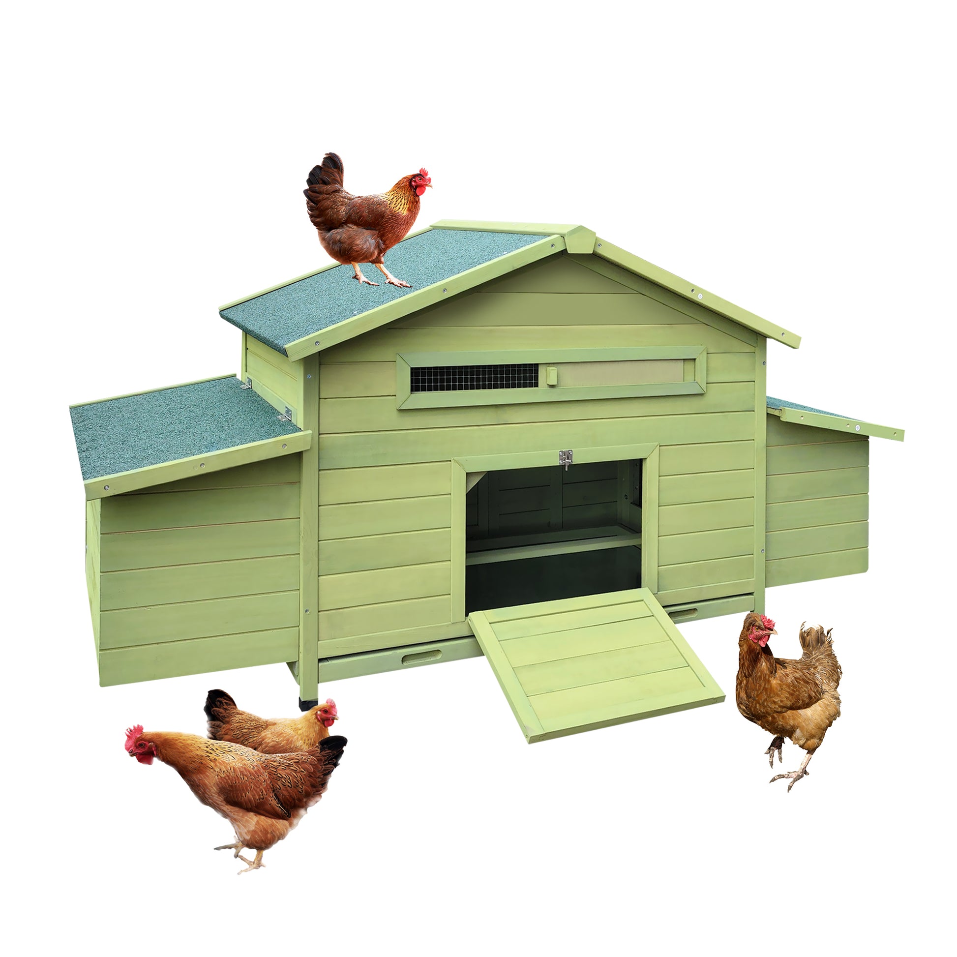 Wooden Chicken Coop Hen House Poultry Cage With 2 Sides Large Nesting Boxes,2 Free Range Doors Green Wood