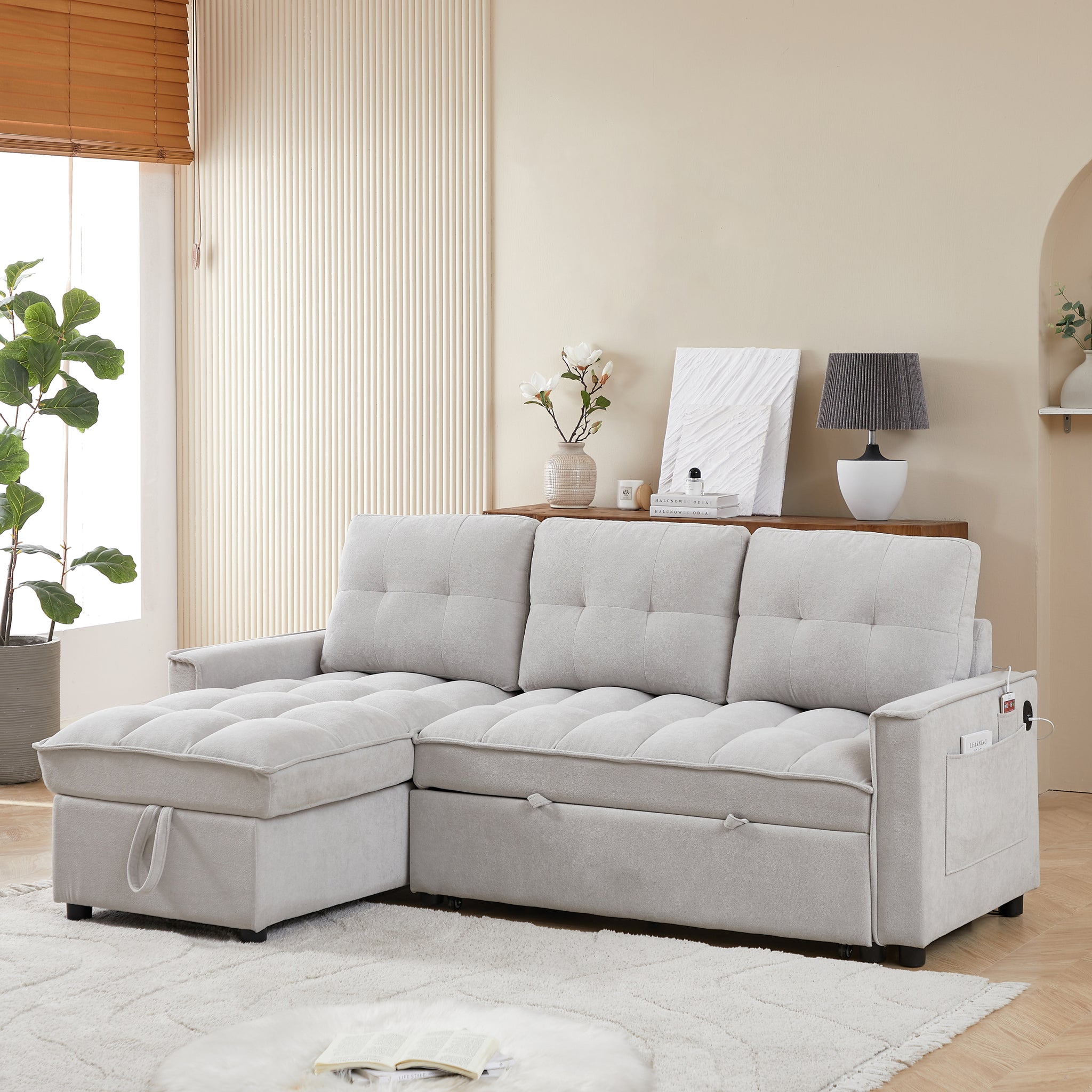 Mh 78.75" Reclining Sofa, Pull Out Sofa Bed With Usb And Tape C Charging Ports, L Shaped Sectional Sofa With Reclining Storage And Arm Side Organizer Pocket Features, Living Room Comfort Sofa Light Grey Chenille Wood Primary Living Space Eucalyptus Foam