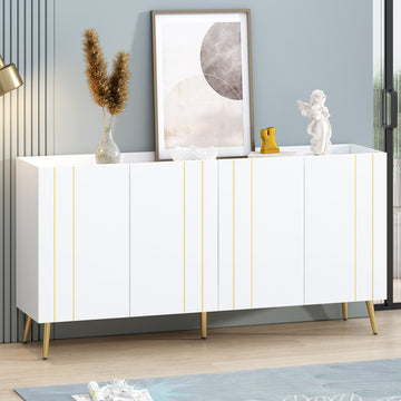 Luxurious Shoe Cabinet With 5 Metal Legs, Modern Tv Stand With 4 Adjustable Shelves For Tvs Up To 70", Minimalist Sideboard Cabinet With Gold Lines Doors For Living Room,62.9"X 31.4",White White