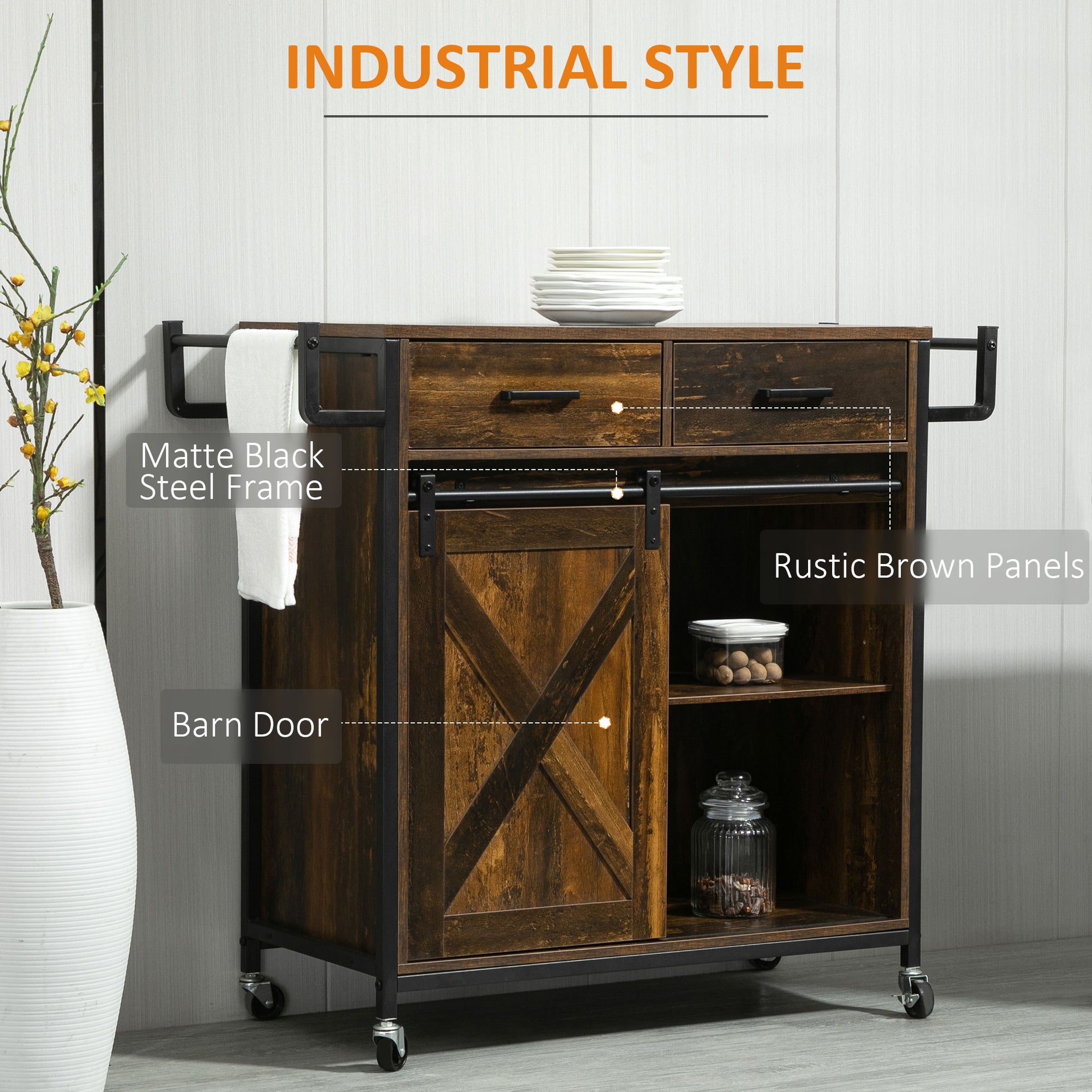 Homcom Industrial Kitchen Cart, Rolling Kitchen Island With Adjustable Shelf, Two Drawers, Sliding Barn Door Cabinet And Towel Rack, Rustic Brown Rustic Brown Steel