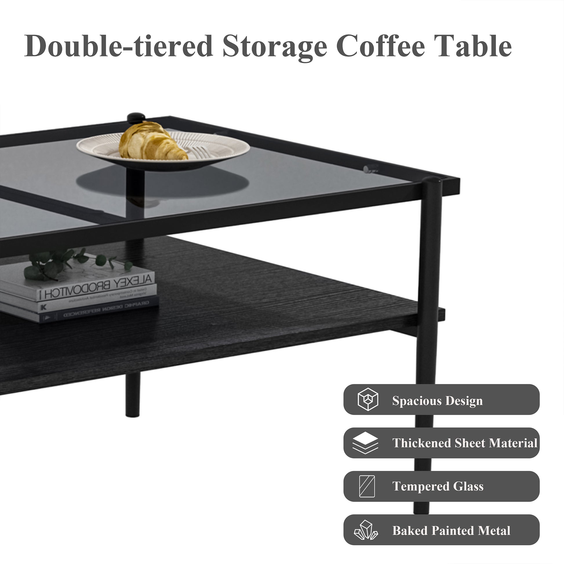 Rectangle Coffee Table With Gray Tempered Glass Top And Black Legs,Modern Table For Living Room Gray Tempered Glass