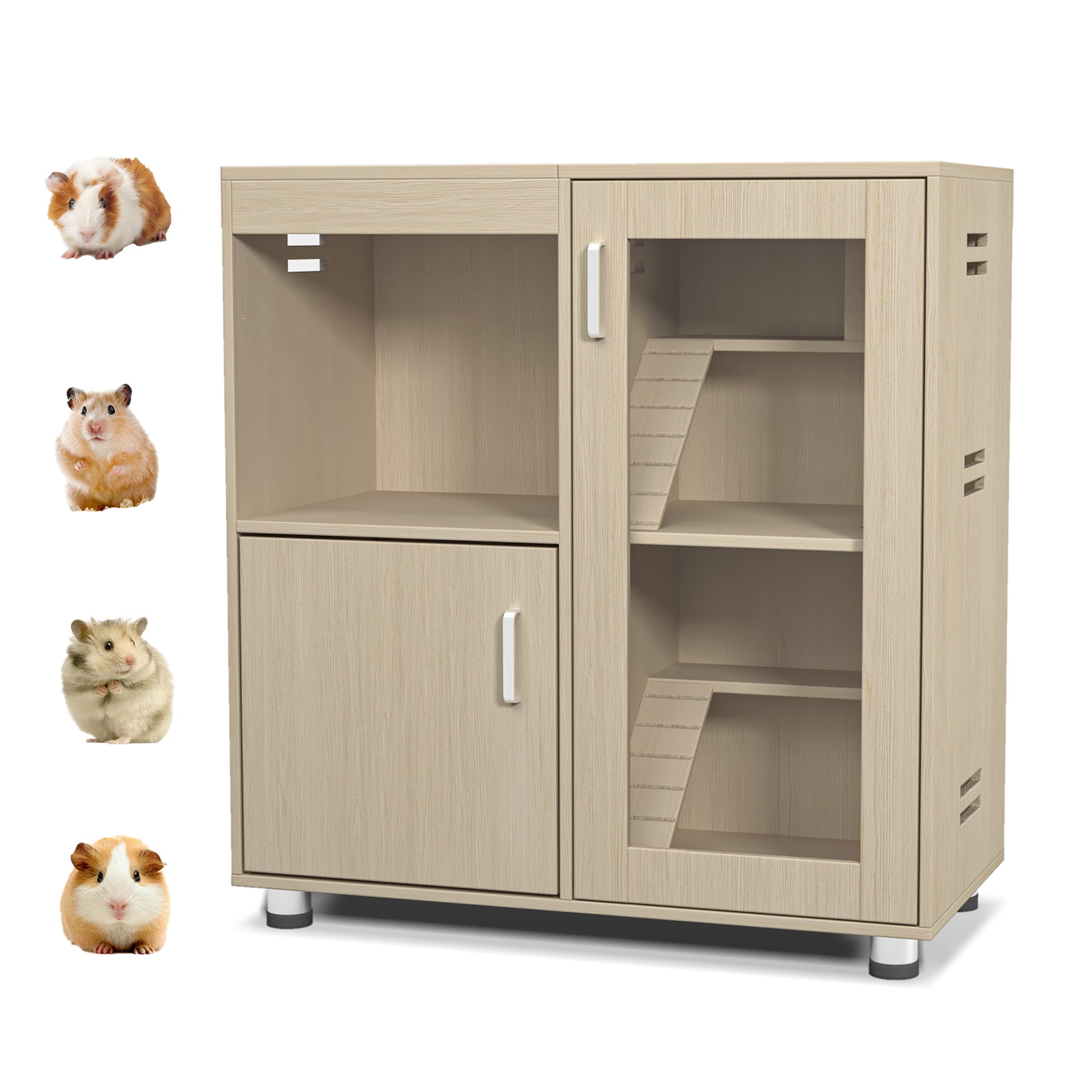 Hamster Cage, Small Animal Cage For Chinchilla Rat, 4 Tier Guinea Pig Cage Wood With Acrylic Windows, Storage Cabinet, Openable Top, Hamster Cages And Habitats 31.50" L X15.75 " W X 34.65" H Teak Chew Resistant Classic Extra Small 0 10 Lbs Wood