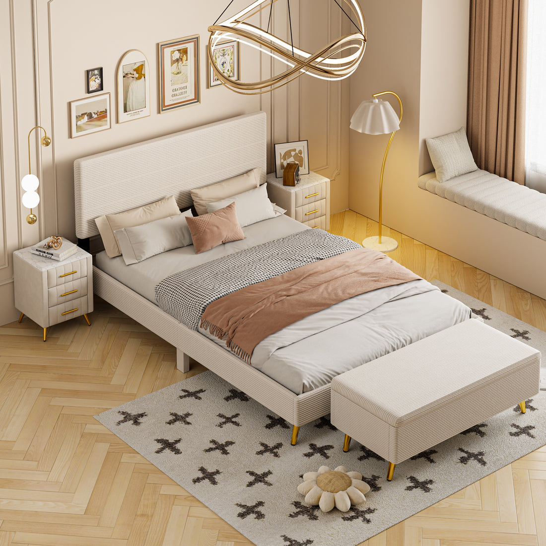 4 Pieces Bedroom Sets Queen Size Upholstered Bed Frame With Modern Corduroy Storage Ottoman And Nightstands,Beige Queen Beige 4 Piece Set Wood