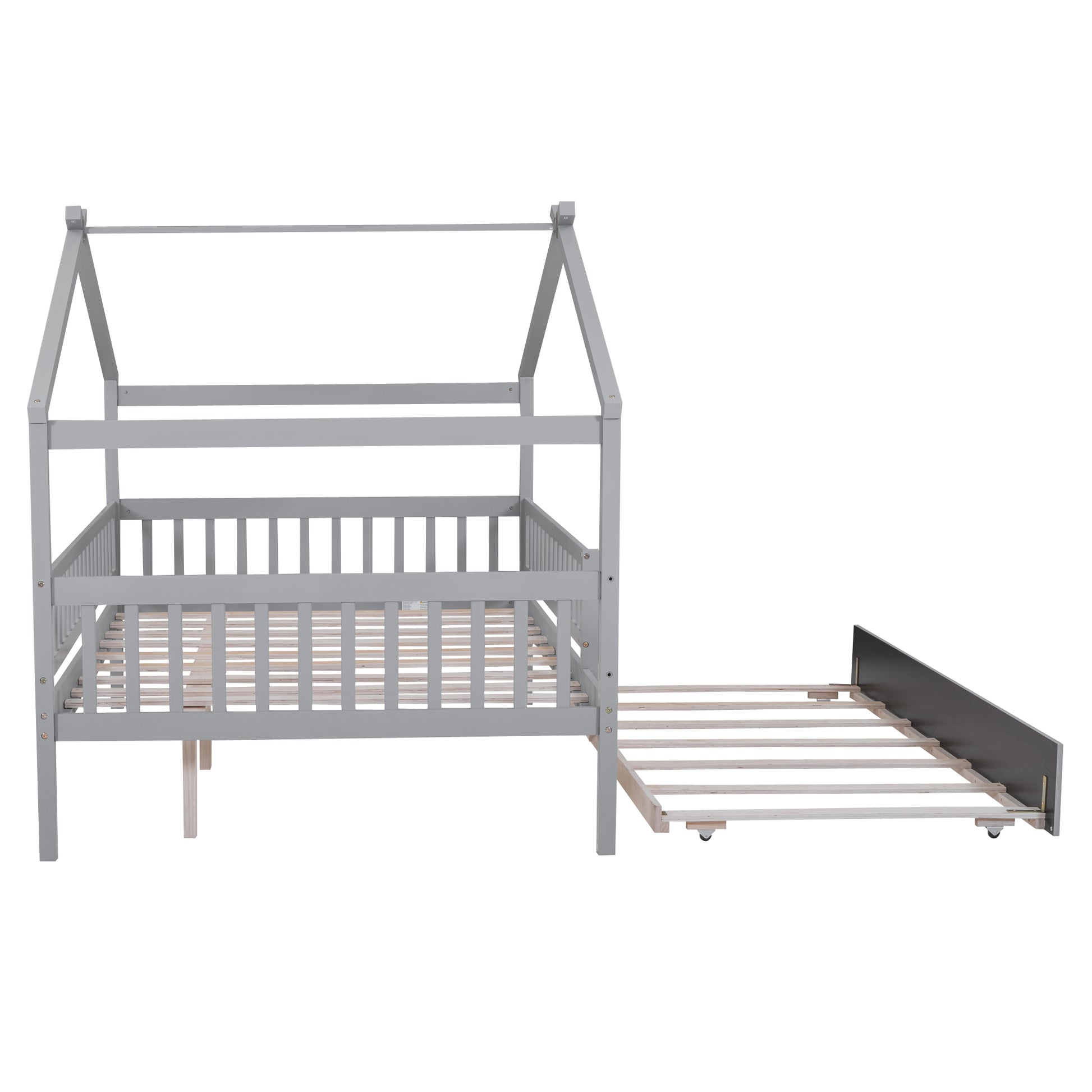 Full Size Wooden House Bed With Twin Size Trundle, Gray Full Gray Solid Wood Mdf