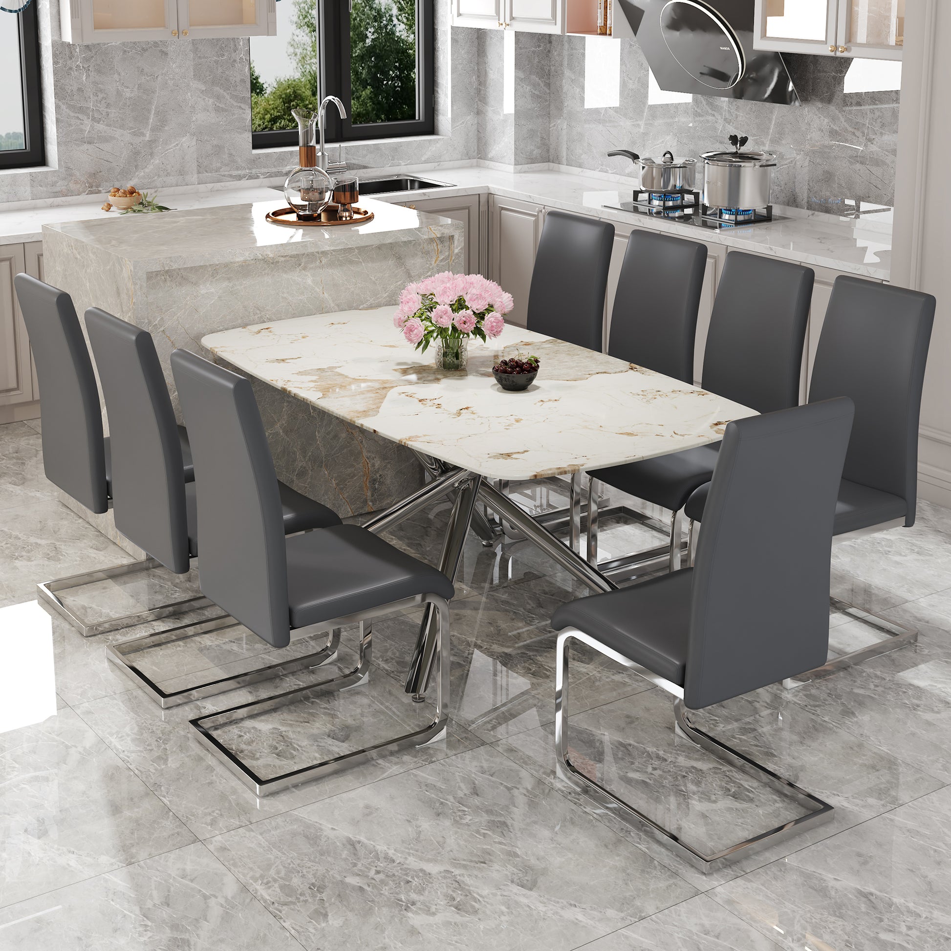 Table And Chair Set, Large Modern Minimalist Rectangular Dining Table, 0.39 "Imitation Marble Tabletop And Silver Metal Legs, Soft Leather Seats. F 1537 Silver Glass Metal