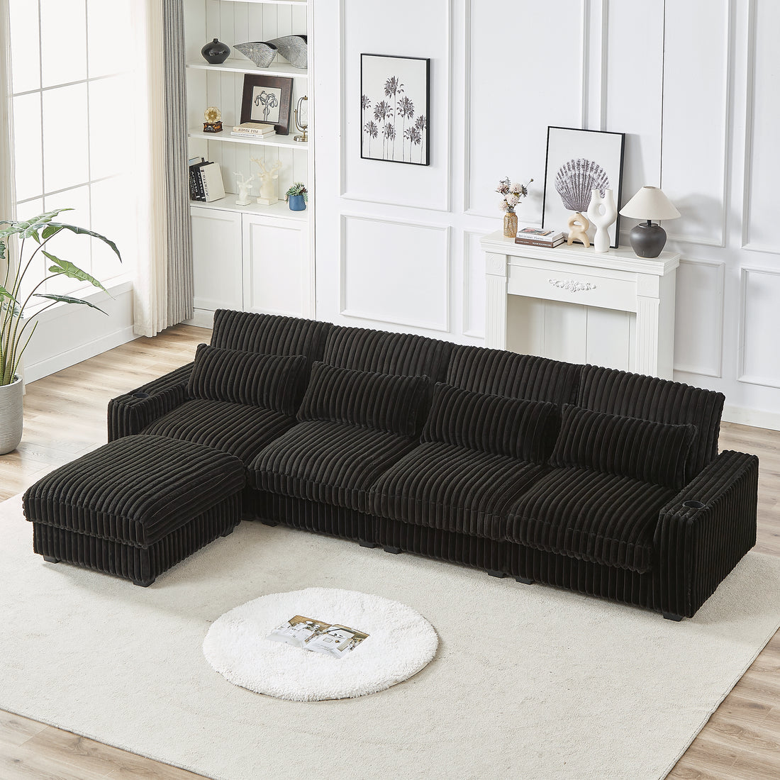 128 Inch Corduroy With Cup Holder Super Large L Shaped Sofa, Movable Footrest, Four Waist Pillows And Four Back Cushion, With Usb Port And T Pyce Port Black Corduroy 4 Seat