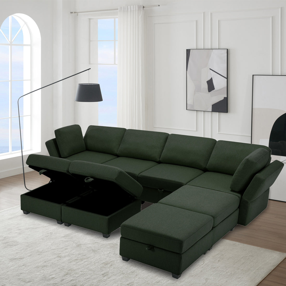 Adjustable Arms And Backs Sectional Sofa, Modern Sectional Couch U Shaped Sofa Couch With Storage Ottoman, Sofa With Convertible Chaise Green Green Polyester 4 Seat