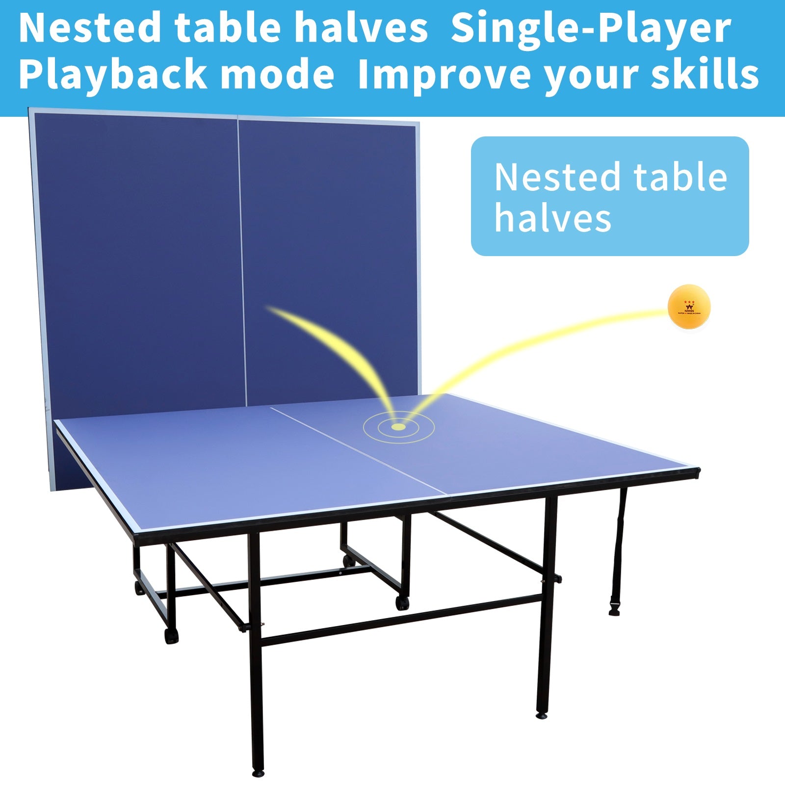 Table Tennis Table, 9Ft Foldable & Portable Ping Pong Table Set With Net For Indoor Outdoor Game Balls Sports Blue Foldable Mdf