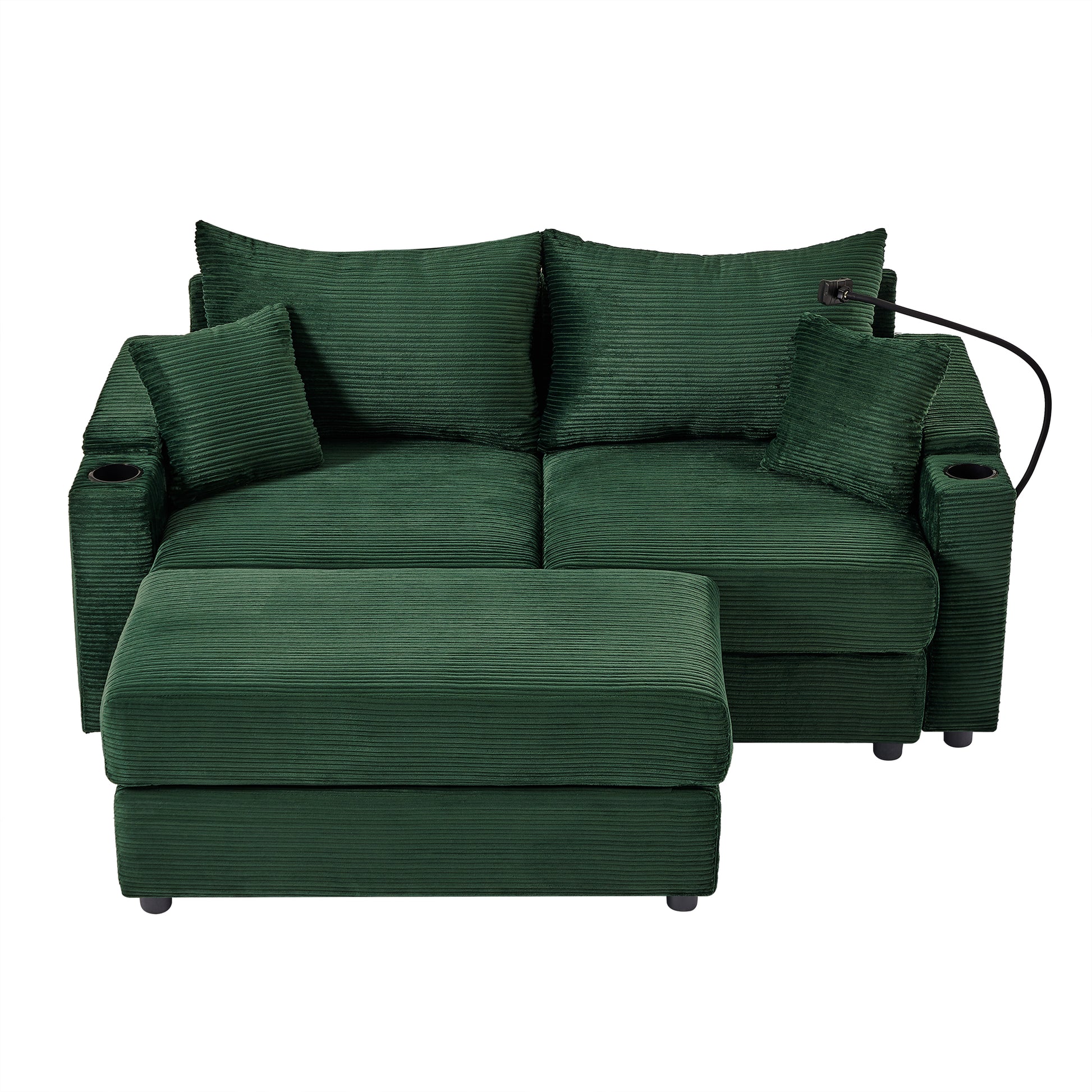 72.8" Modern Style Loveseat Sofa Sectional Sofa Couch With Storage Space, A Movable Ottoman, Two Usb Ports, Two Cup Holders, A Phone Holder For Living Room, Green Green Foam Corduroy 3 Seat