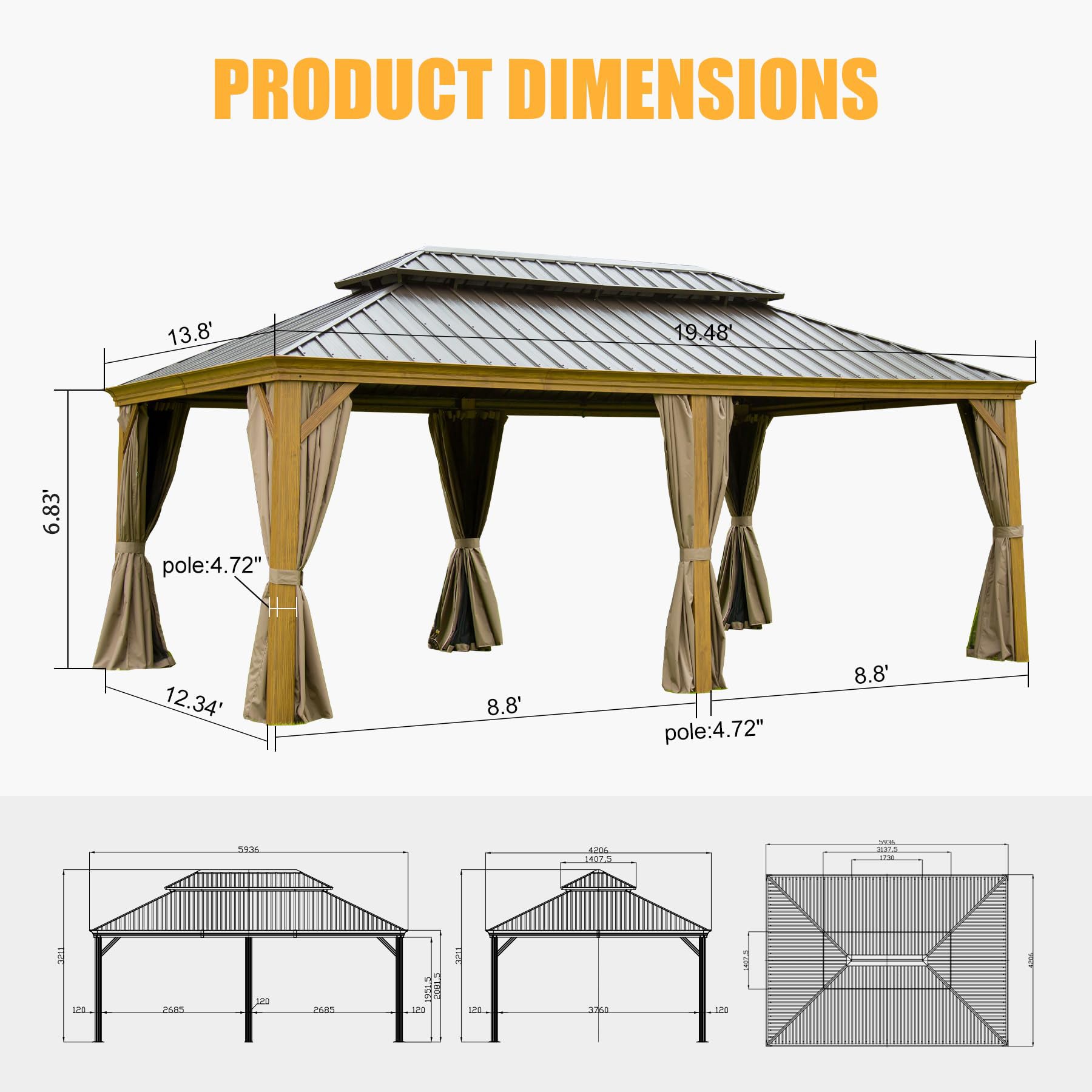 Outdoor Living 14X20Ft Hardtop Gazebo, Permanent Metal Gazebo With Galvanized Steel Double Roof And Aluminum Frame, Curtain And Netting, Large Pavilion Gazebo, Wood Looking Yellow Brown Aluminium