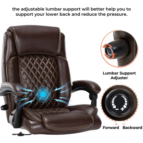 Executive Office Chair 400Lbs Heavy Duty Office Chair, Wide Seat Bonded Leather Office Chair With 30 Degree Back Tilt & Lumbar Support Brown Caster Iron Brown Office Dry Clean Round Handle Office Chairs Solid Back Casters Leather