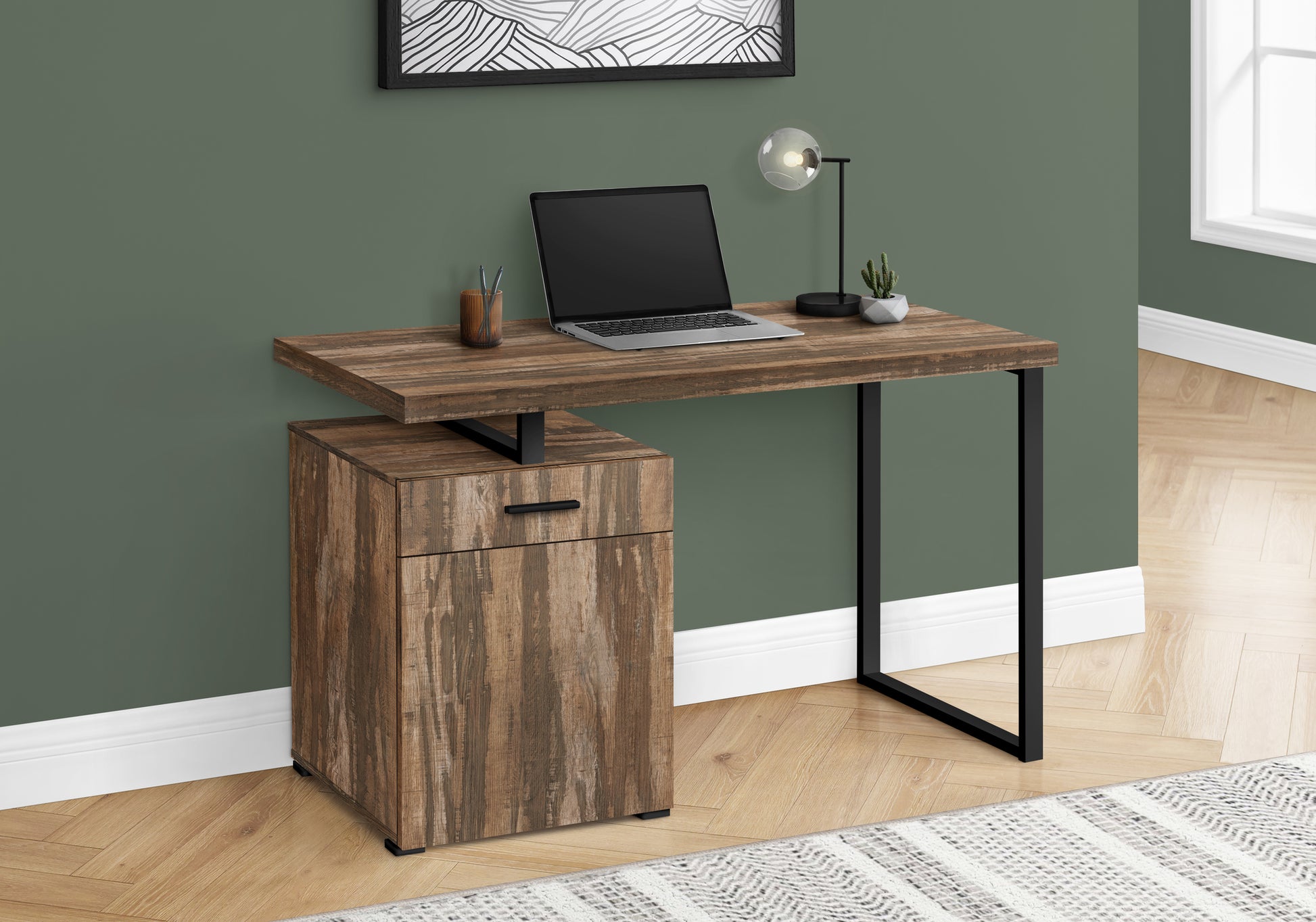 Computer Desk, Home Office, Laptop, Left, Right Set Up, Storage Drawers, 48"L, Work, Brown Laminate, Black Metal, Contemporary, Modern Brown Particle Board