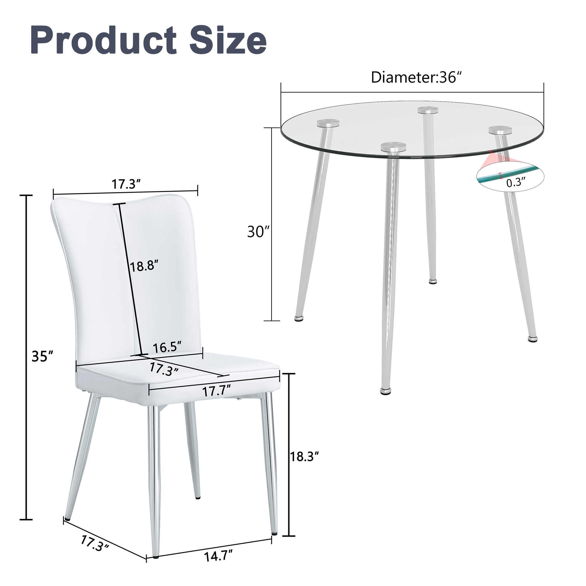 Table And Chair Set.A Modern Minimalist Round Dining Table With Transparent Tempered Glass Top And Silver Metal Legs,Paried With 4 Chairs With Pu Backrest And Seat Cushion And Silver Metal Legs. White Seats 4 Glass Metal