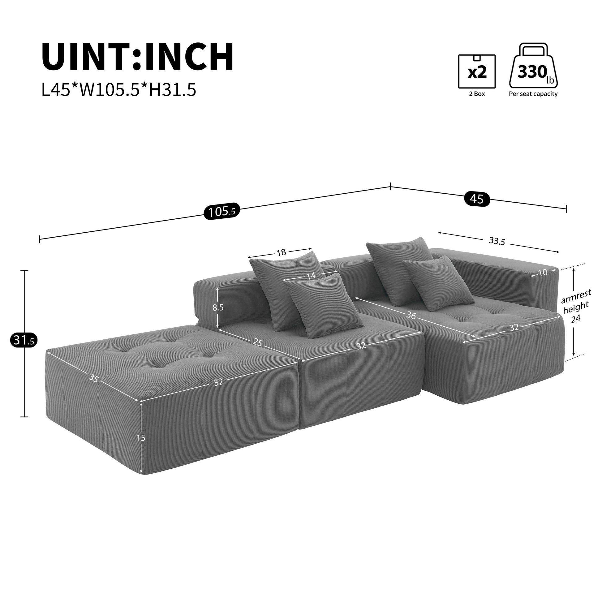 105.5'' L Shaped Modular Sectional Sofa,Minimalist Corduroy Floor Couch Set,Convertible Foam Filled Cloud Couch For Living Room,3 Pc Free Combination,No Assembly Required,3 Colors Gray Corduroy 4 Seat