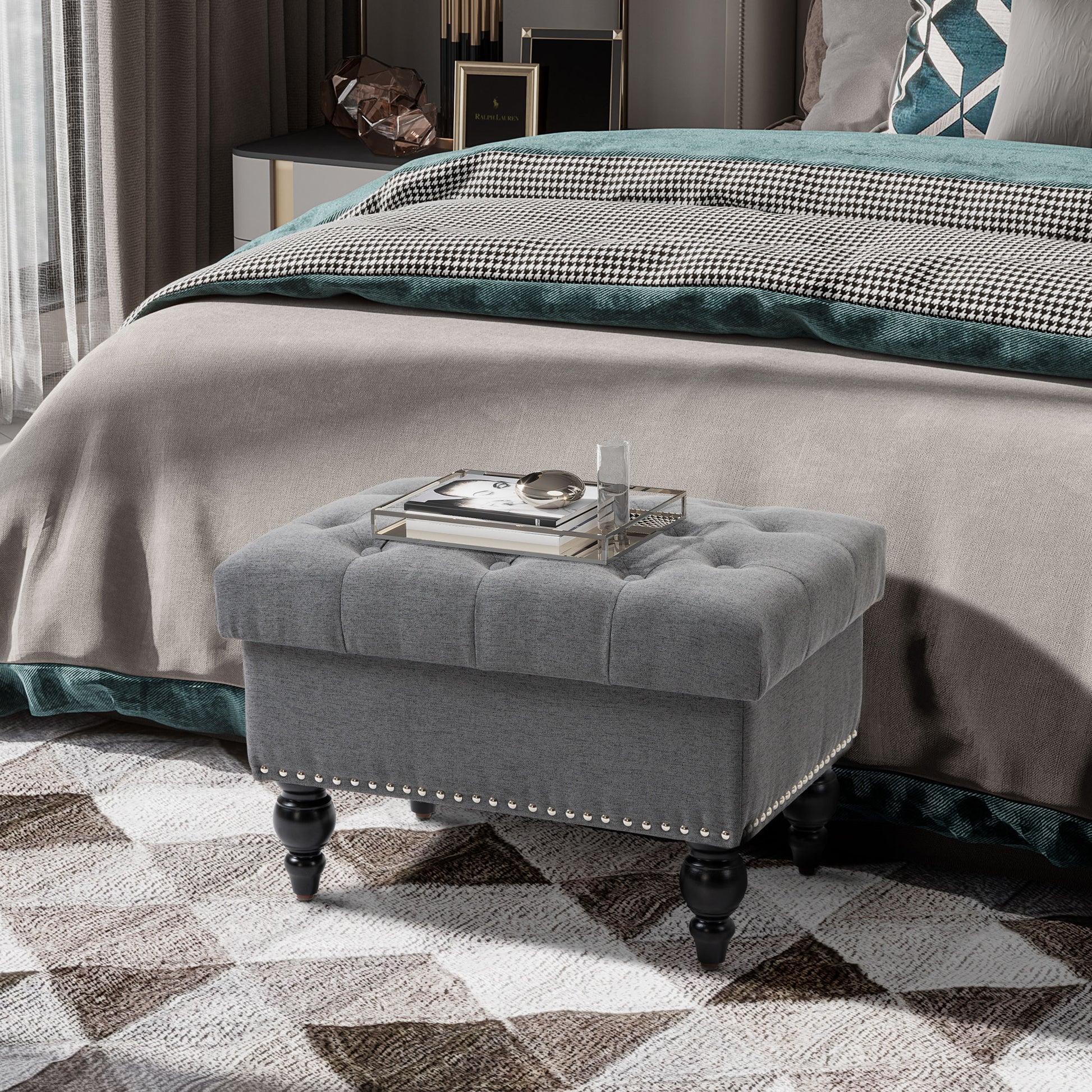 Homcom Ottoman With Storage For Living Room, 25" Storage Ottoman With Removable Lid, Button Tufted Fabric Bench For Footrest And Seat With Wood Legs, Gray Gray Linen