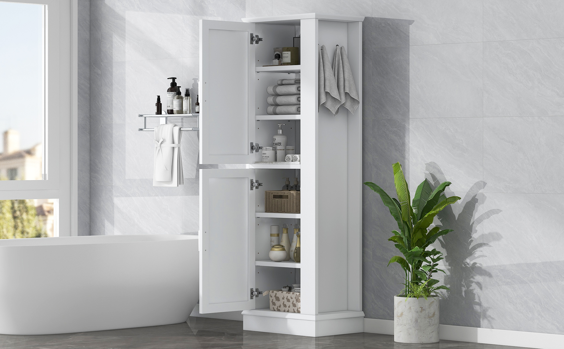 Tall Bathroom Storage Cabinet, Freestanding Storage Cabinet With Hook And Adjustable Shelf, Mdf Board, White White 2 Mdf