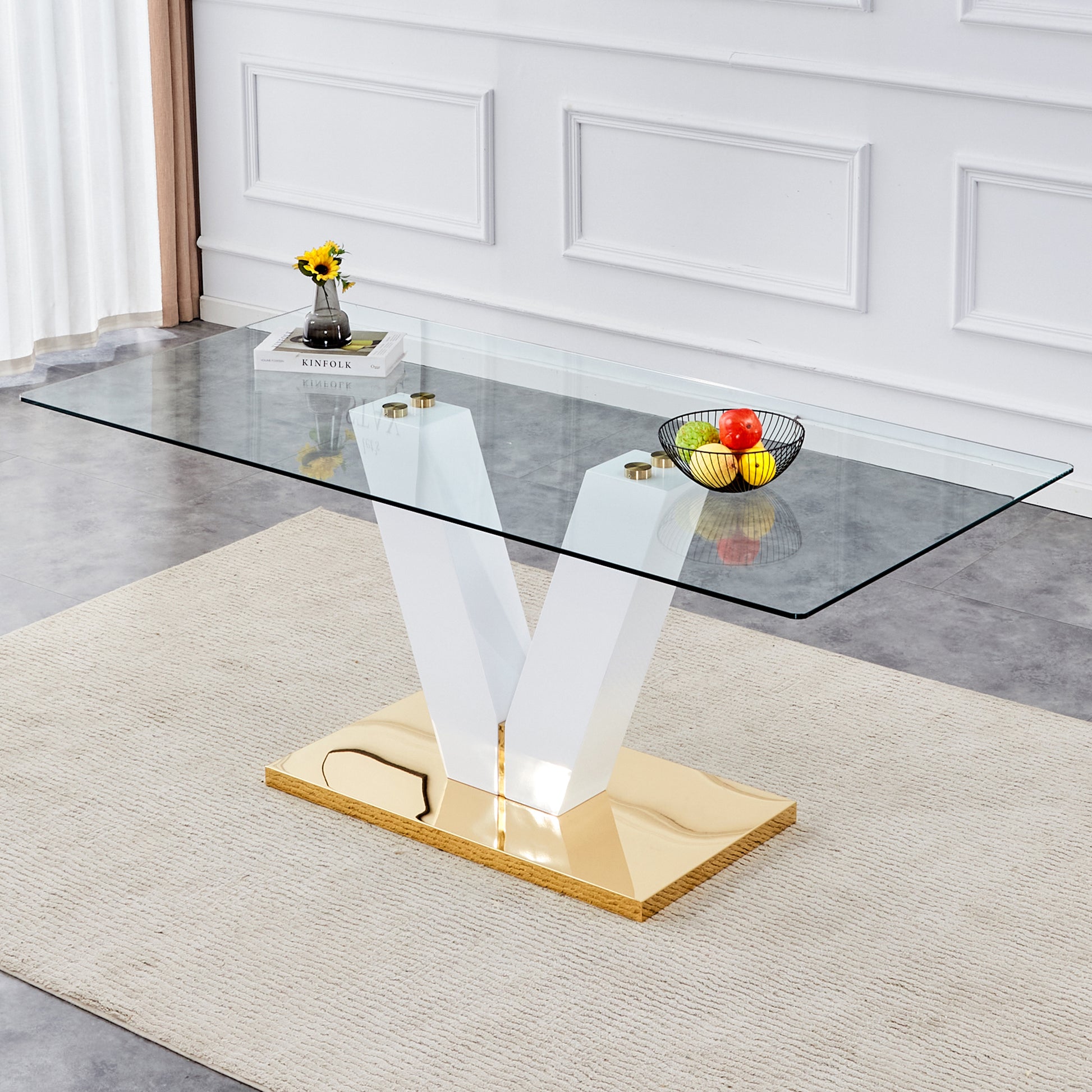 Large Modern Minimalist Rectangular Glass Dining Table For 4 8 People With 0.39" Tempered Glass Tabletop And Mdf Slab V Shaped Bracket,For Kitchen Dining Living Meeting Room Banquet Hall F V