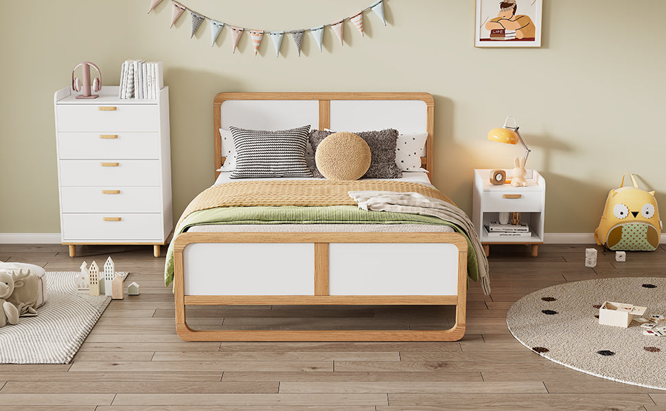 Modern Style Full Size Solid Wood Platform Bed For Kids, Teens, Adults, No Need Box Spring, Walnut And White Box Spring Not Required Full White Walnut Wood Bedroom Modern Pine Bed Frame Wood
