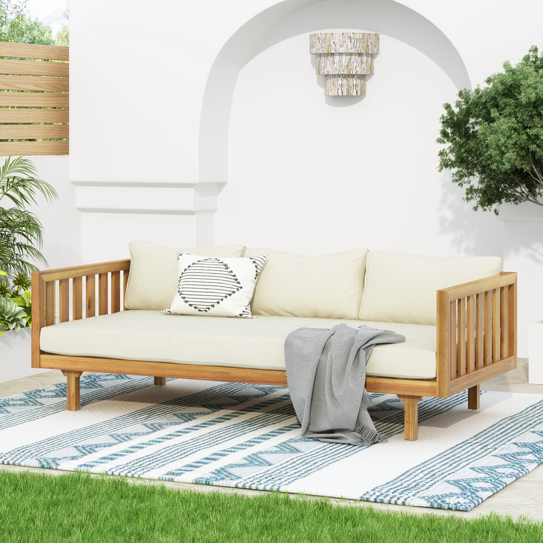 Claremont 3 Seater Daybed Beige Teak Wood Waterproof Fabric