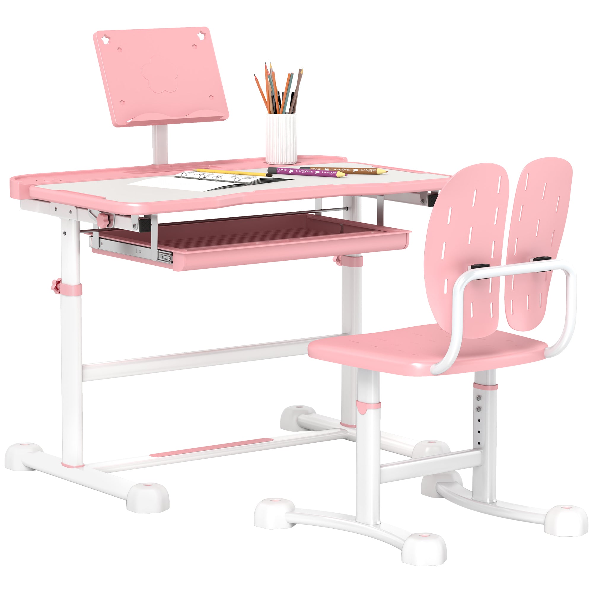 Qaba Kids Desk And Chair Set, Height Adjustable Kids School Study Desk And Chair Set With Tilt Desktop, Storage Drawer & Book Stand For Writing, Reading And Drawing, Pink Pink Plastic