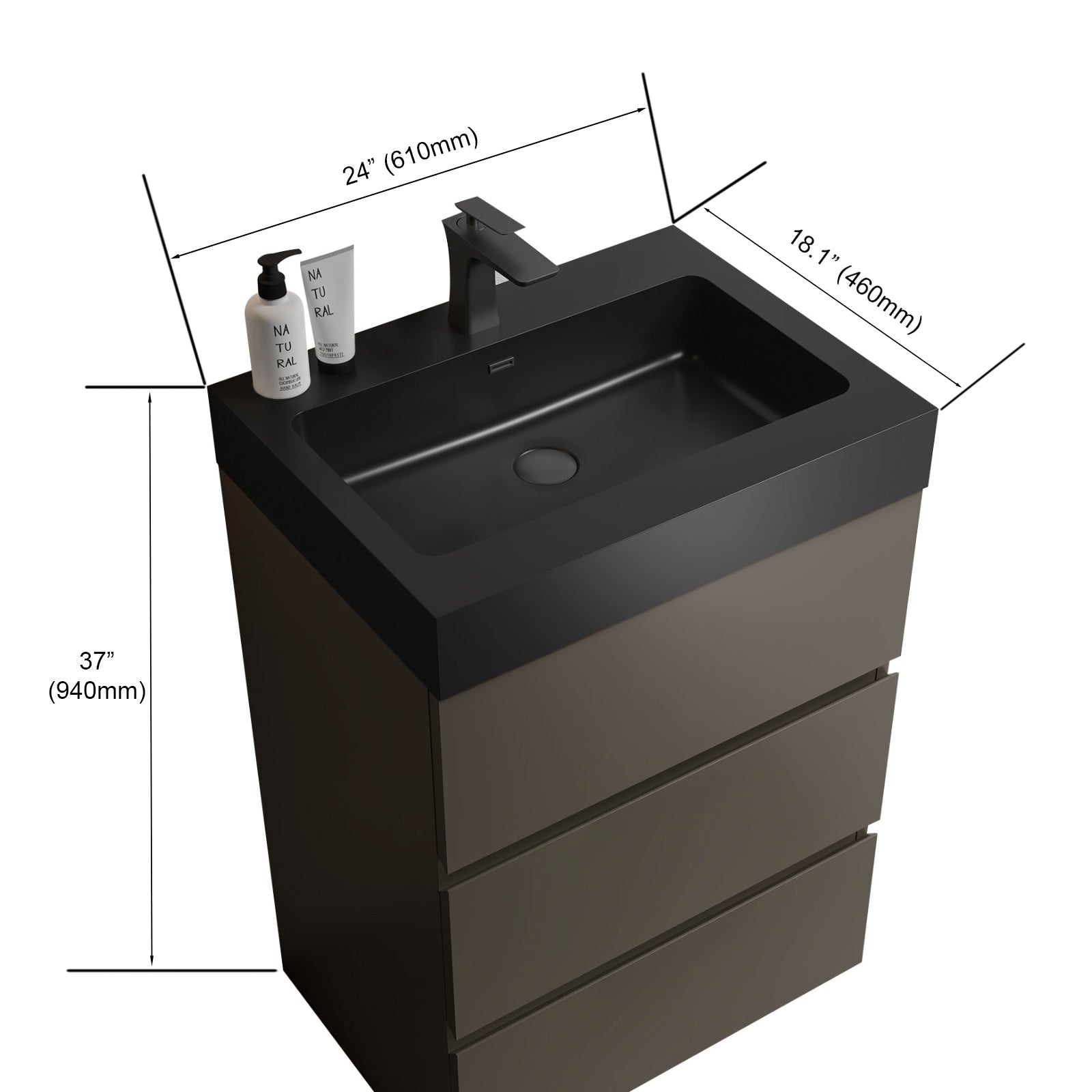 Alice 24" Gray Bathroom Vanity With Sink, Large Storage Freestanding Bathroom Vanity For Modern Bathroom, One Piece Black Sink Basin Without Drain And Faucet, Pre Assembled Black Gray Melamine