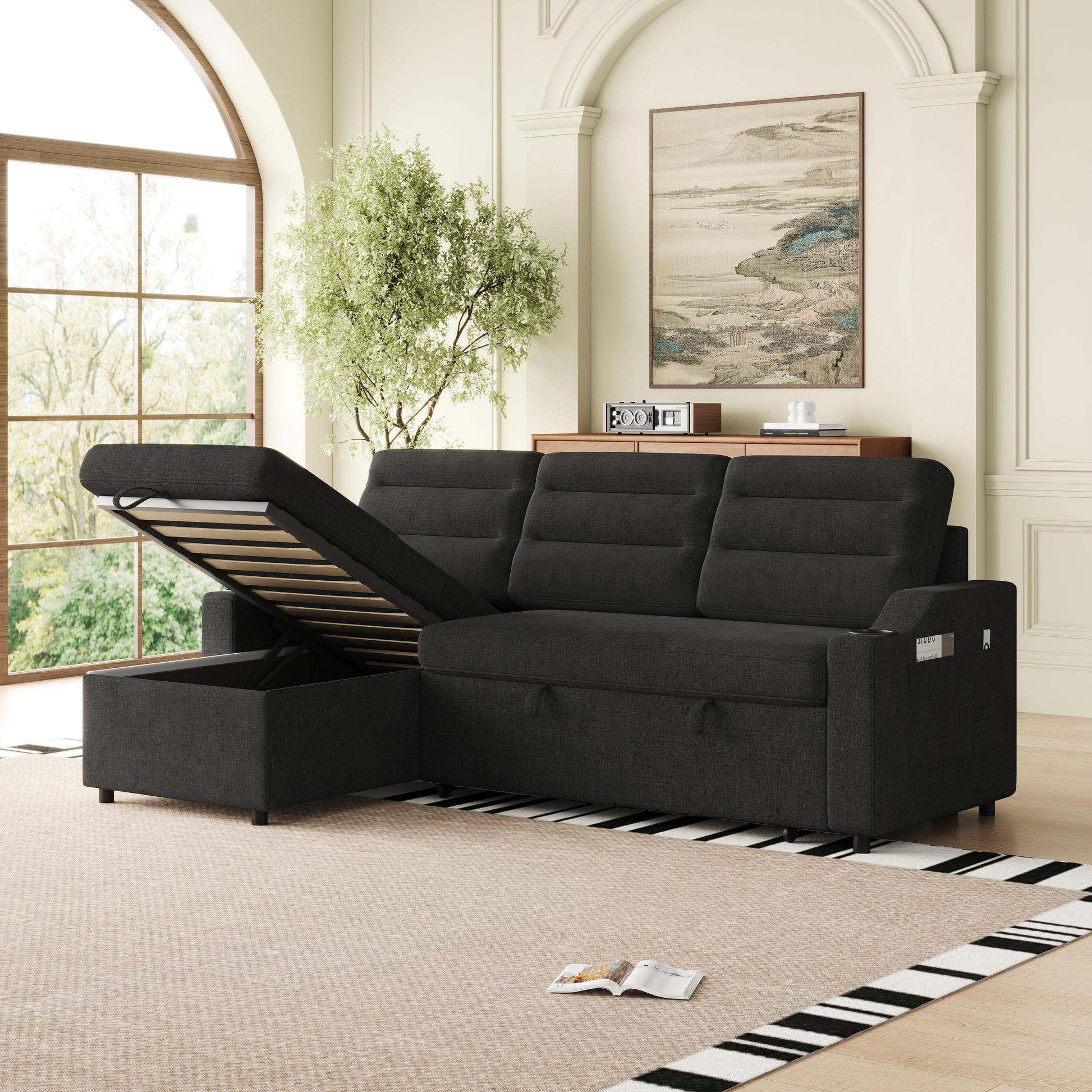 Mh83.5" Convertible Sleeper Combo Sofa, Convertible Sofa Bed Polyester Pullout Bed With Storage Recliner And Cup Holder For Living Room, Tight Spaces Black Polyester Wood Primary Living Space Pine Polyester Fabric 3 Seat