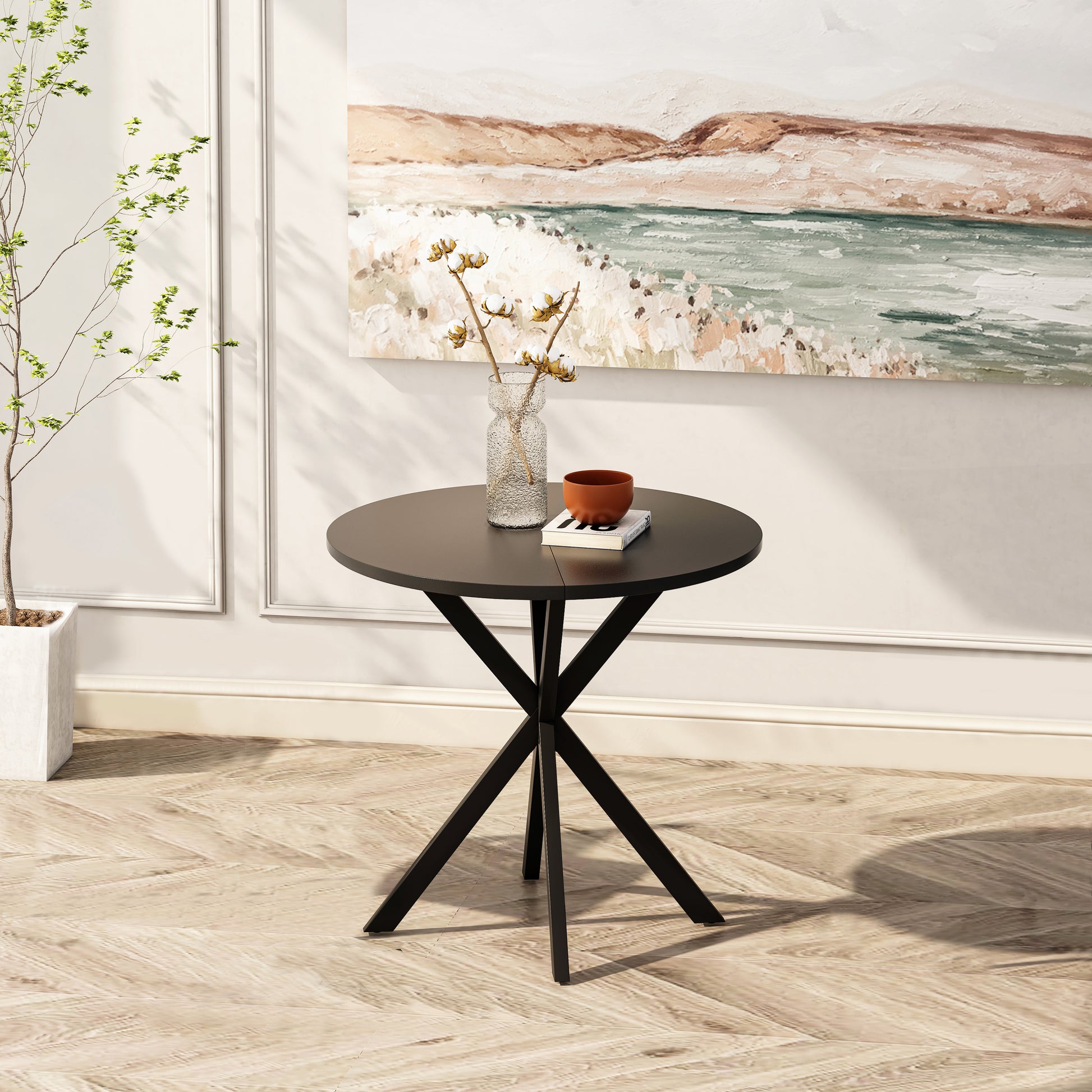 31.5'' Modern Round Dining Table With Crossed Legs, Black Occasional Table, Two Piece Detachable Table Top, Matte Finish Iron Legs Black Mdf Metal