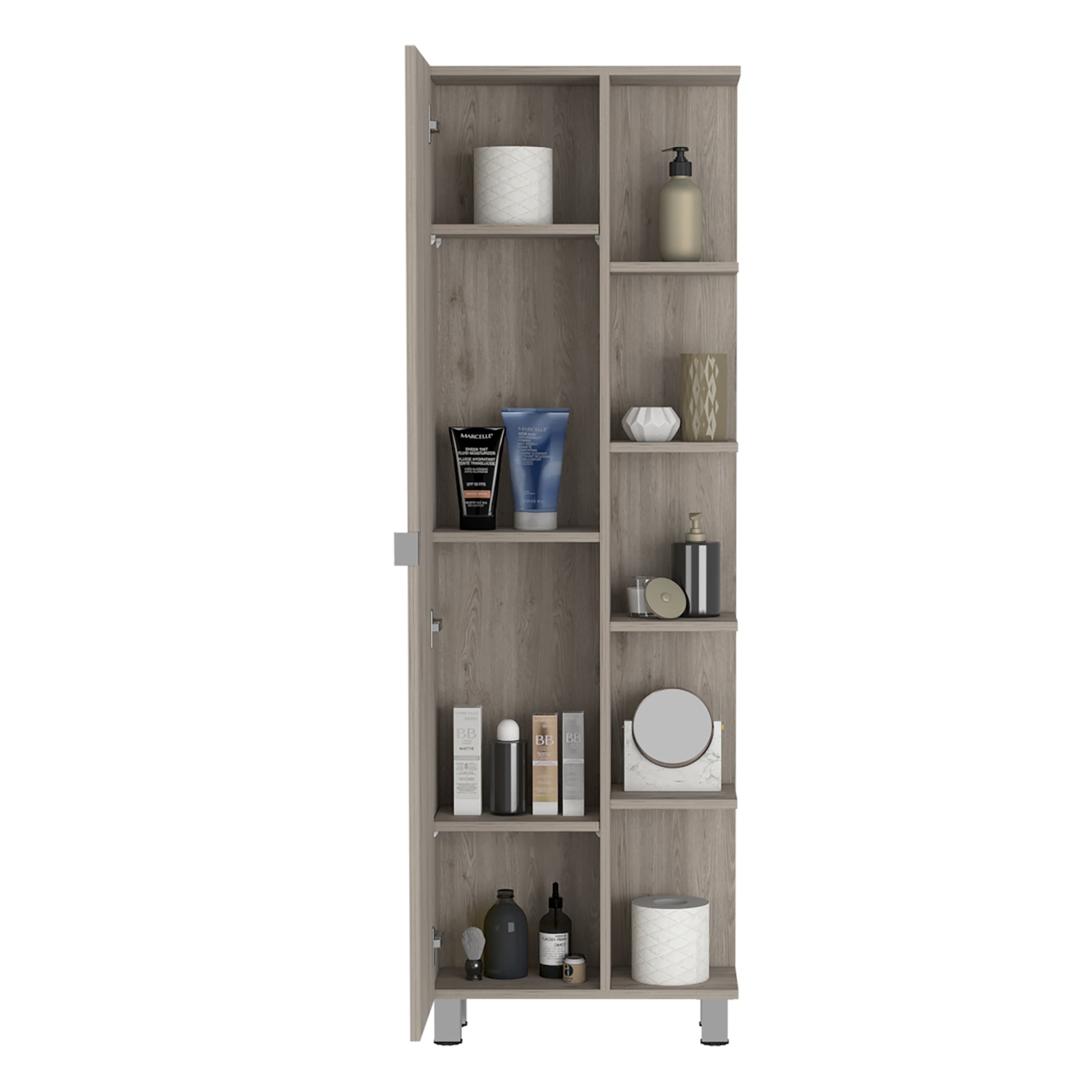 Los Angeles Corner Cabinet, Five Shelves, One Cabinet, Divisions Beige 1 5 18 To 23 In 60 In & Above Bathroom Freestanding Contemporary 5 10 Inches Melamine Particle Board