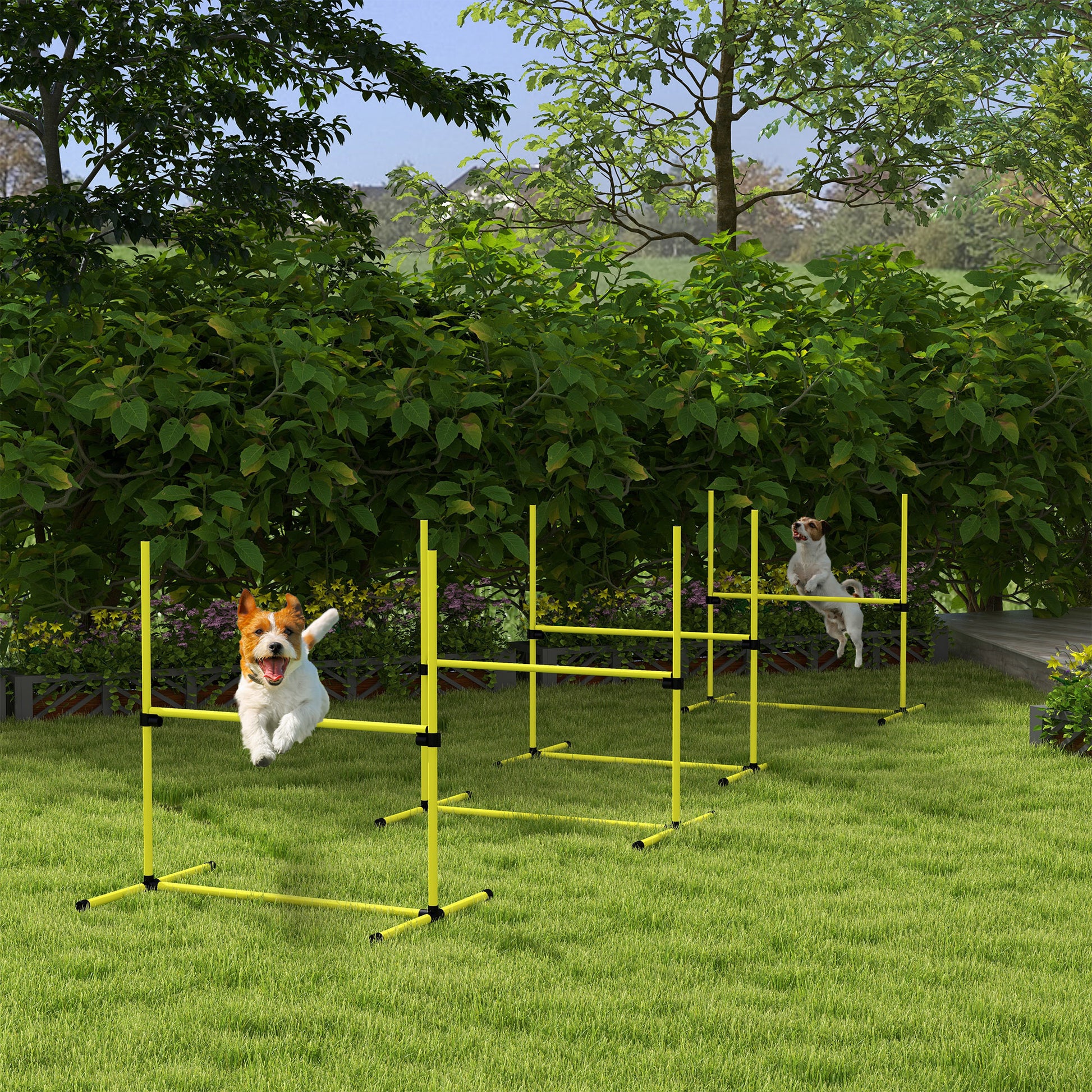 Pawhut 4 Piece Dog Agility Training Equipment For Dog Agility Course With Adjustable Height Jump Bars, Included Carry Bag, & Displacing Top Bar, Yellow Yellow Plastic