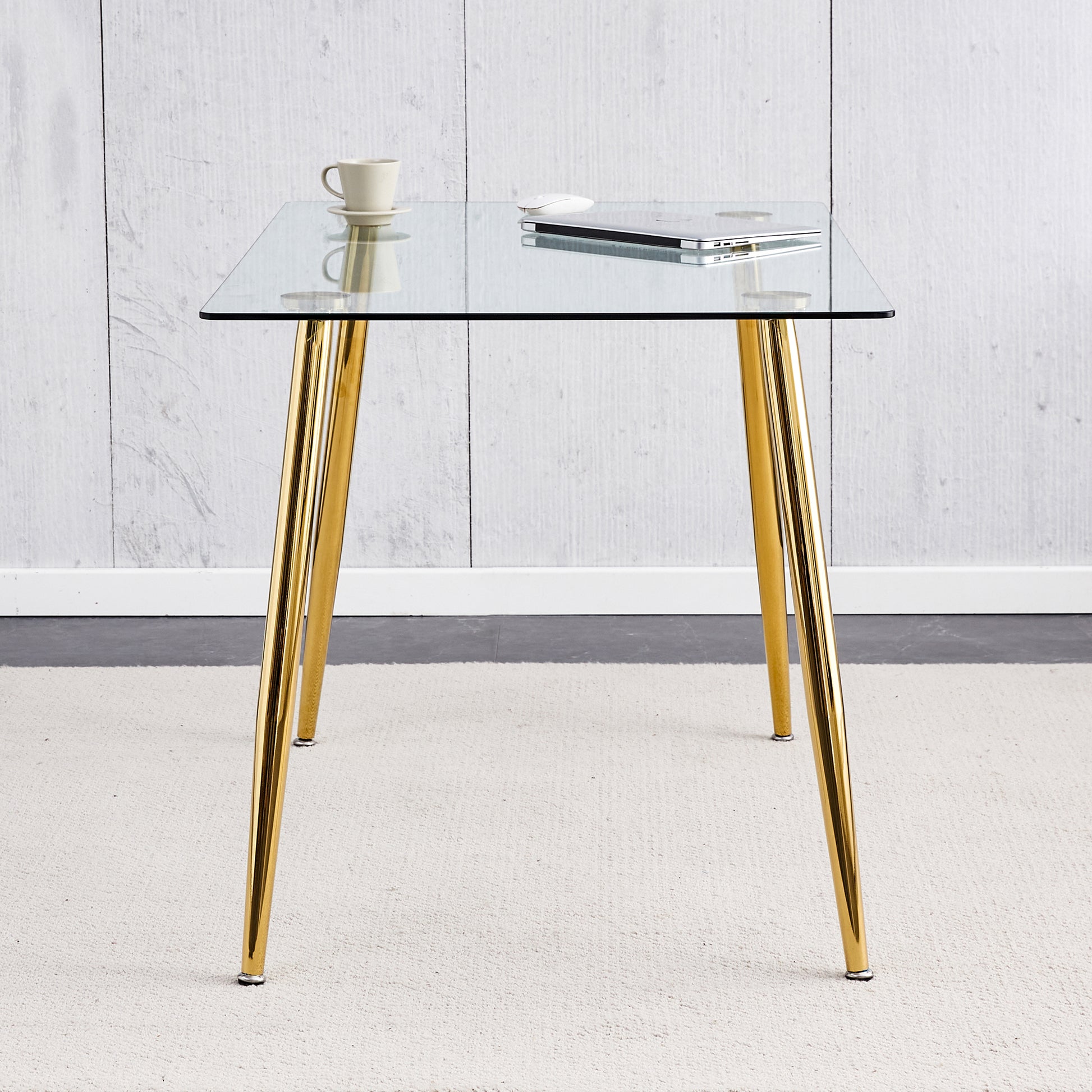 Modern Minimalist Rectangular Glass Dining Table For 4 6 With 0.31" Tempered Glass Tabletop And Golden Plating Metal Legs, Writing Table Desk, For Kitchen Dining Living Room, 51" *31"*30".F 1544 Golden Glass