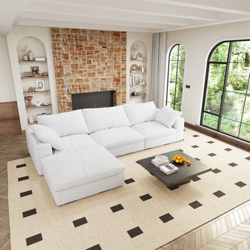 Cloud Modular Sectional Sofa With Storage Ottoman 120Inch Down Filled Comfort L Shaped Sofa Couch For Living Room 3Seater 1 Ottoman White Wood Primary Living Space Soft Cushion Back Pillow Top Arms Foam Fabric 4 Seat