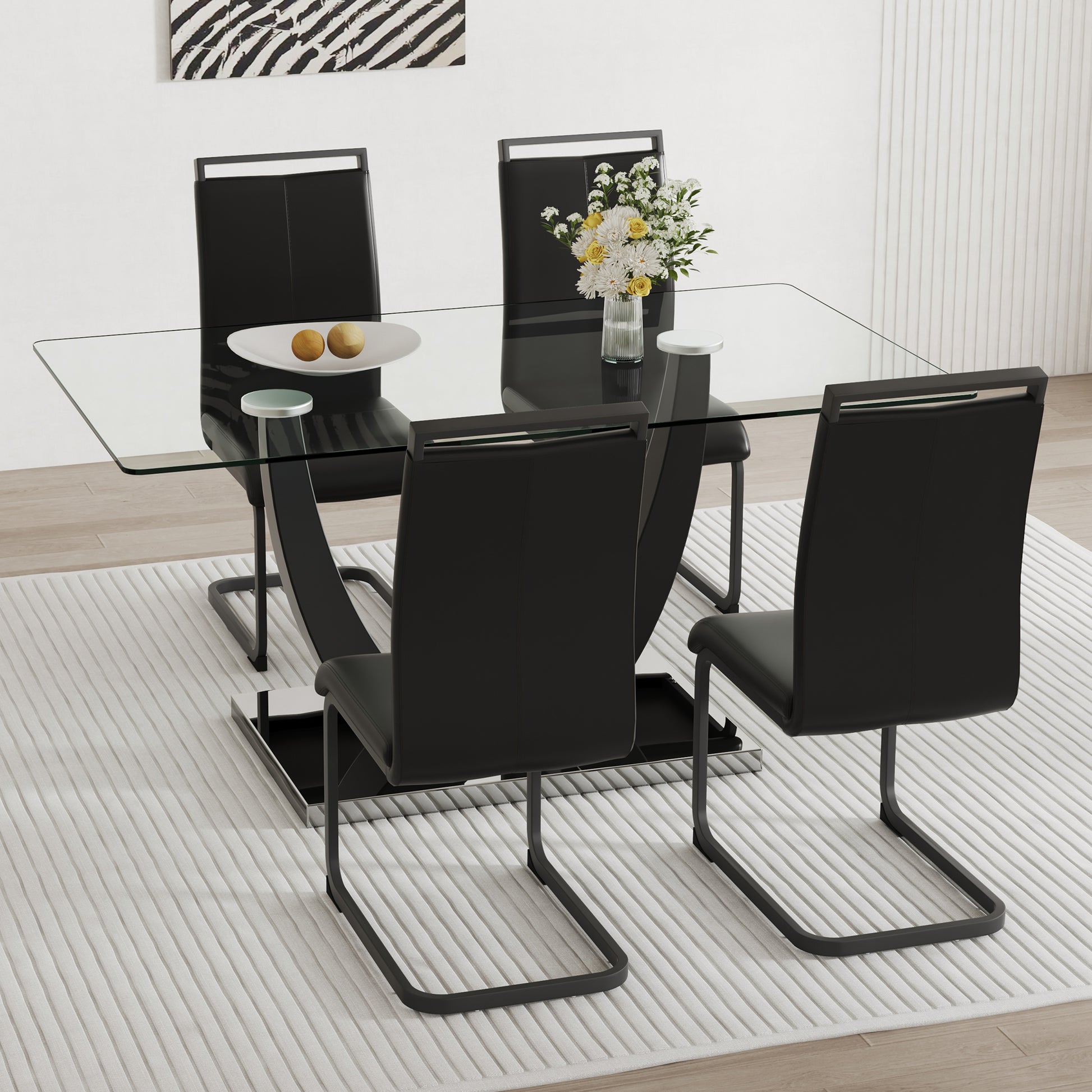 Table And Chair Set.Large Rectangular Glass Dining Table, 0.39 "Tempered Glass Countertop And Black Metal Shaped Bracket.Comes With Chairs With Faux Leather Cushions.Suitable For Kitchen, Dining Room. Black Seats 4 Glass Metal