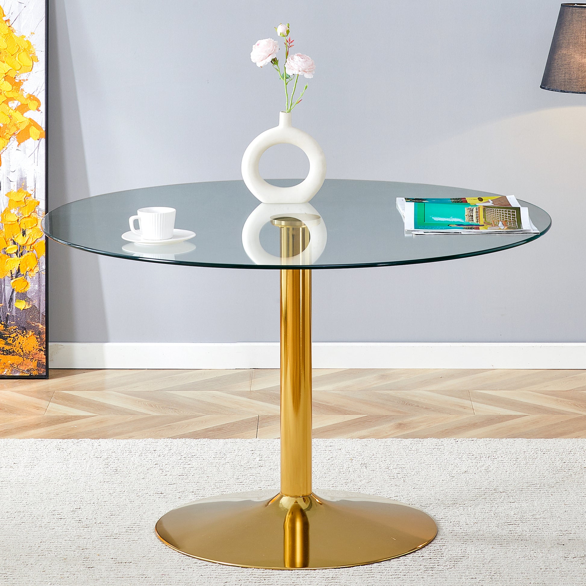 A 47 Inch Diameter Glass Top And A Modern, Minimalist Round Dining Table With Gold Metal Legs. Ideal For Dining Rooms, Living Rooms And Meeting Rooms. Model: Dt 1166 Gold Glass Metal