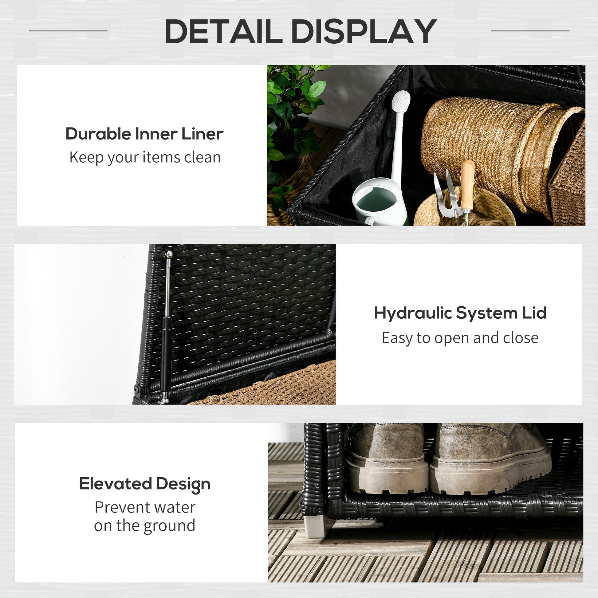 Outsunny Outdoor Deck Box & Shoe Storage, Pe Rattan Wicker Towel Rack With Liner For Indoor, Outdoor, Patio Furniture Cushions, Pool, Toys, Garden Tools, Black Black Steel